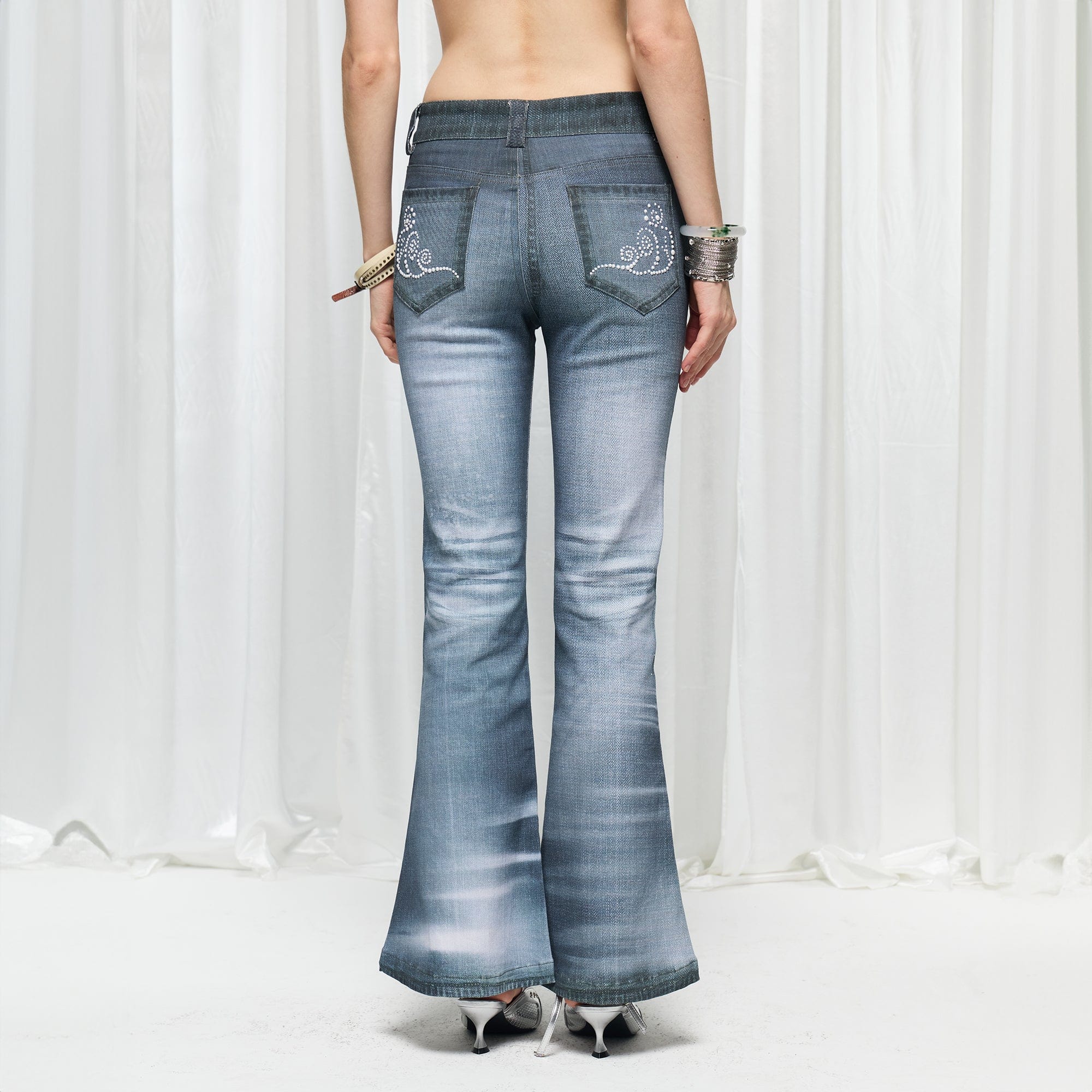 DND4DES×Faychui Swirl Pearl Faded Flared Jeans, premium urban and streetwear designers apparel on PROJECTISR.com, DND4DES