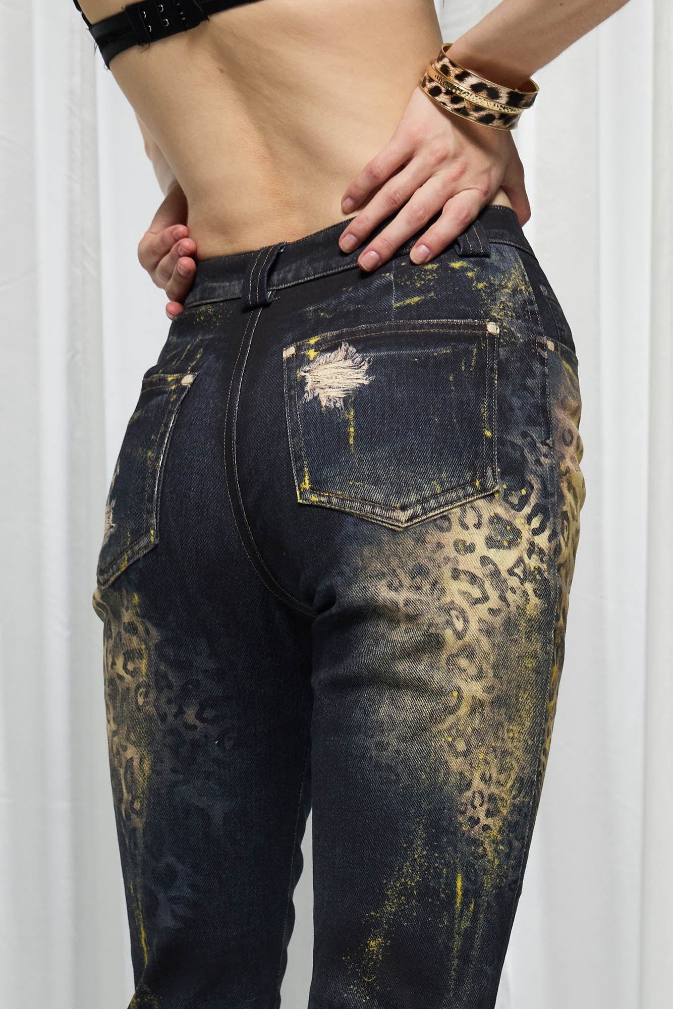 DND4DES×Faychui Distressed Leopard Splattered Flared Jeans, premium urban and streetwear designers apparel on PROJECTISR.com, DND4DES