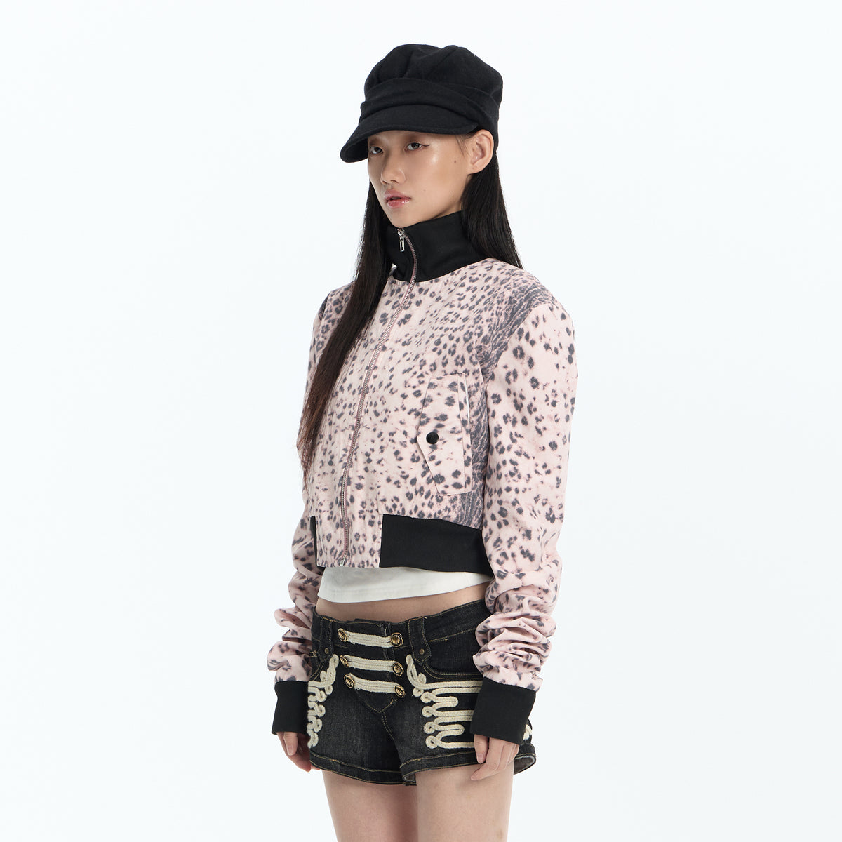 FAYCHUI Leopard Ribbed Contrast Cropped Jacket