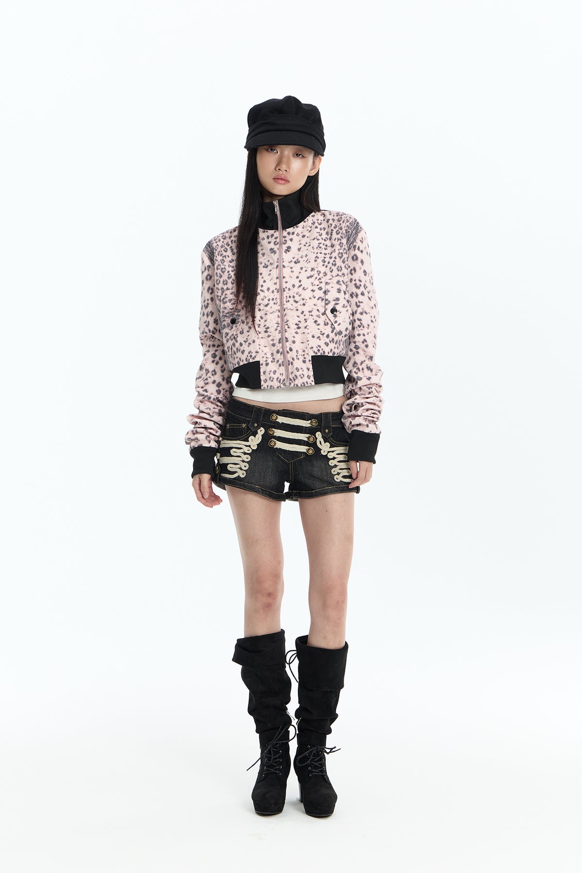 FAYCHUI Leopard Ribbed Contrast Cropped Jacket