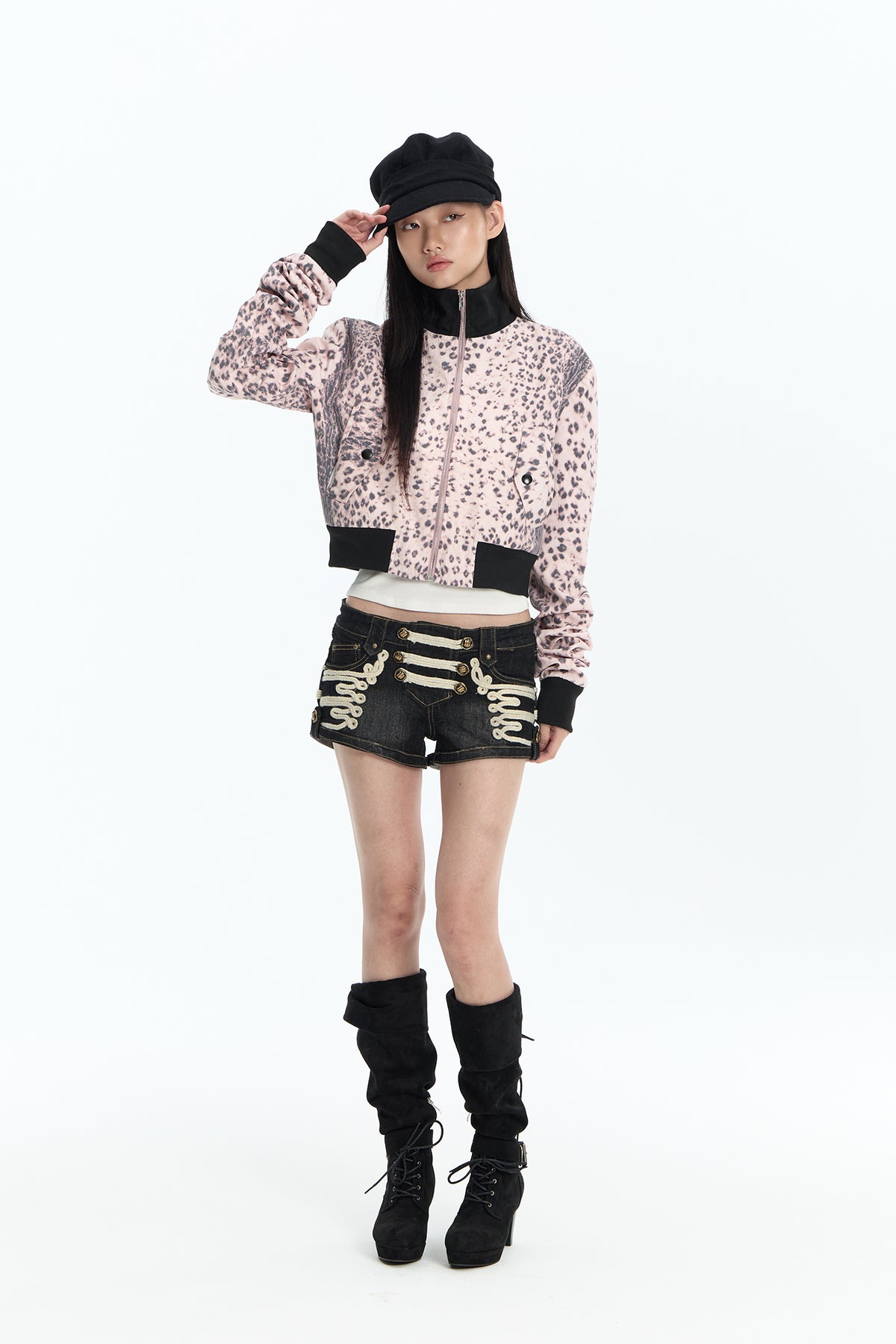 FAYCHUI Leopard Ribbed Contrast Cropped Jacket