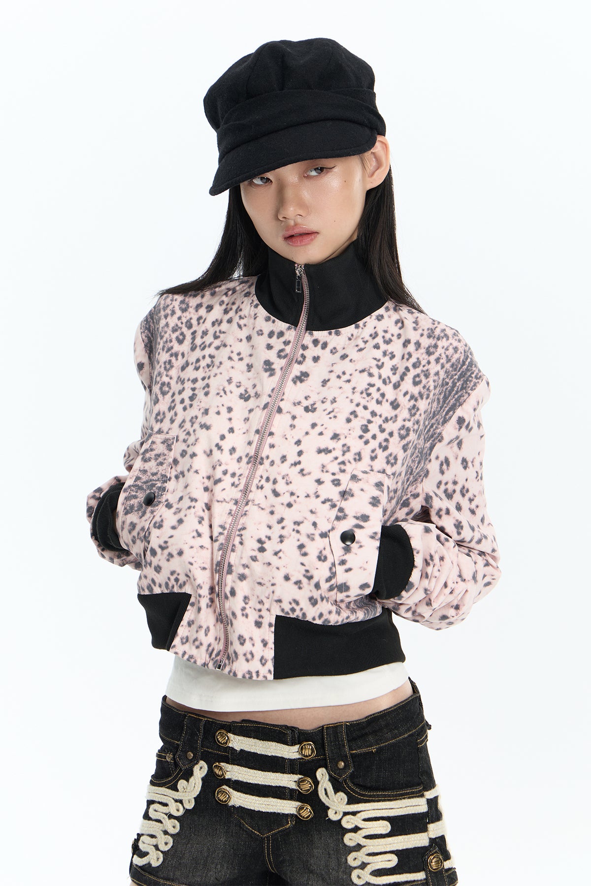 FAYCHUI Leopard Ribbed Contrast Cropped Jacket