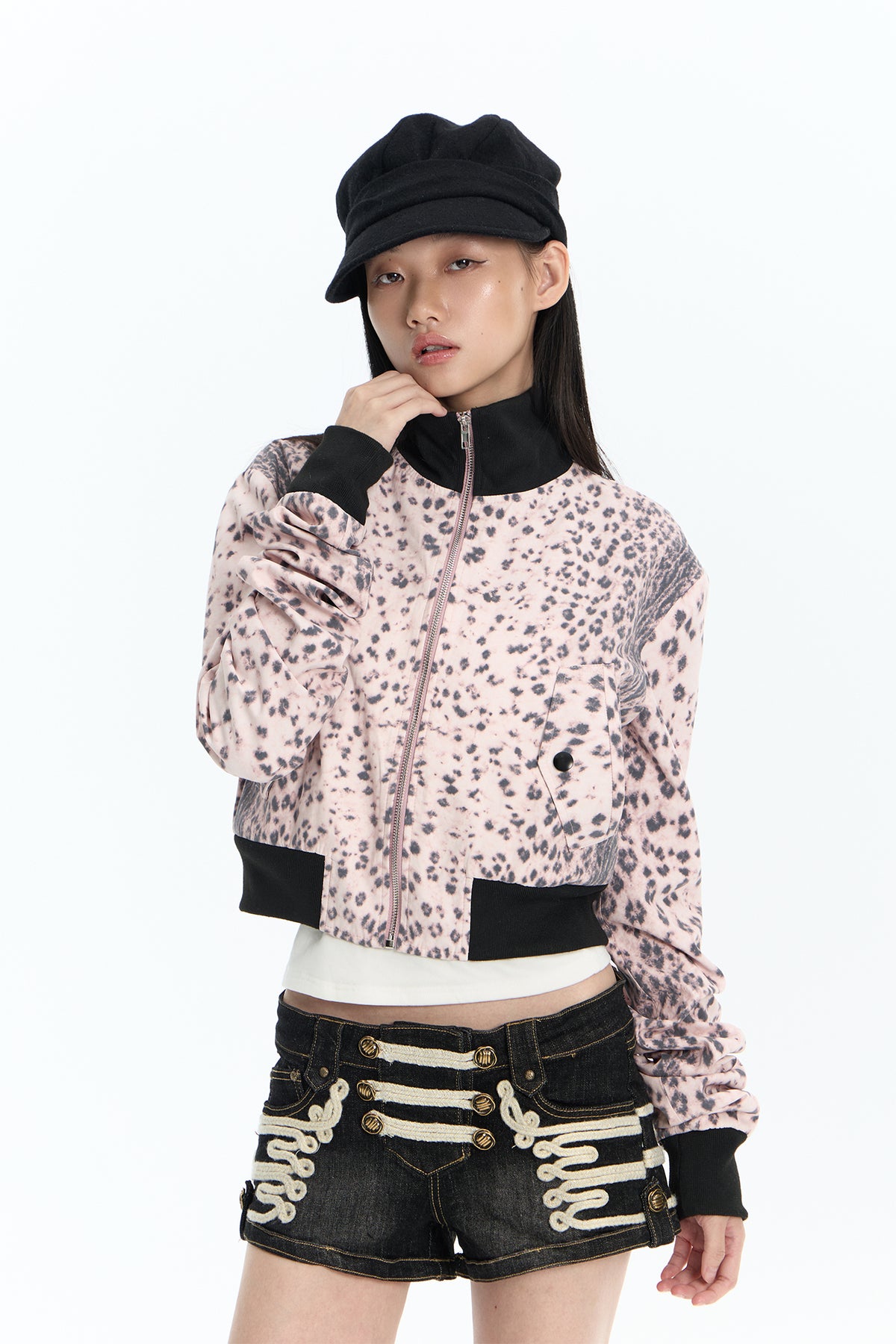 FAYCHUI Leopard Ribbed Contrast Cropped Jacket