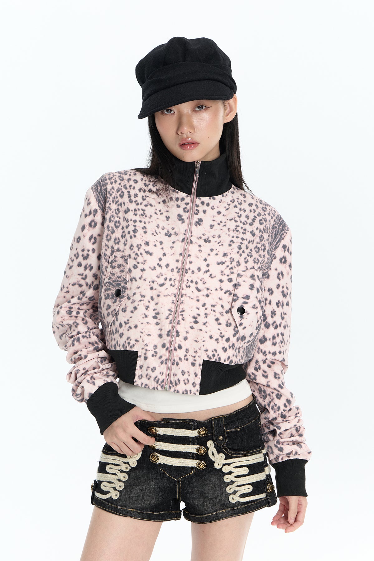 FAYCHUI Leopard Ribbed Contrast Cropped Jacket