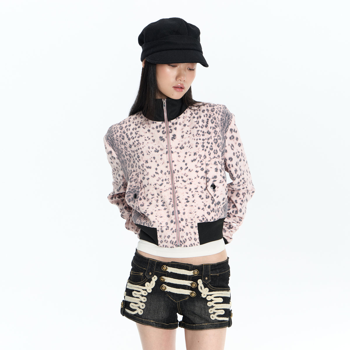 FAYCHUI Leopard Ribbed Contrast Cropped Jacket