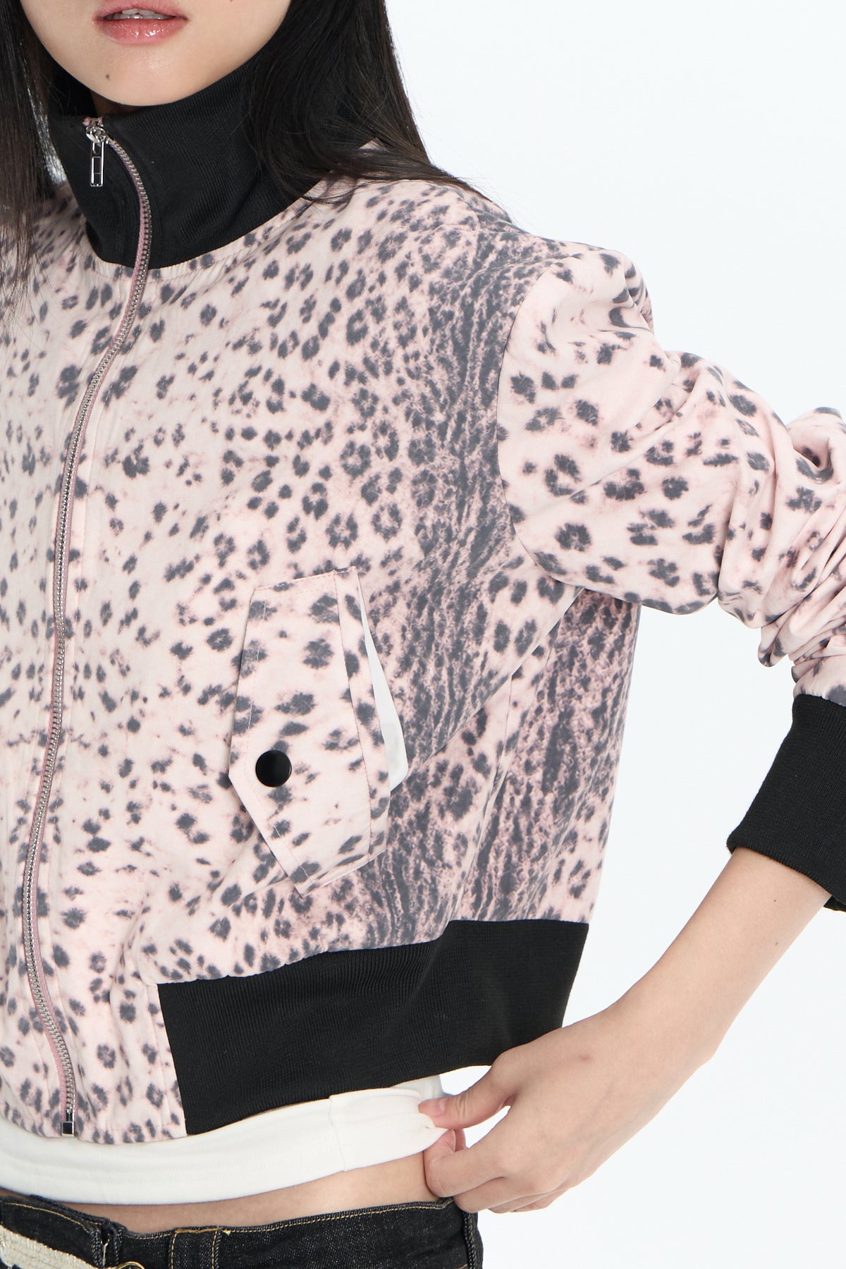 FAYCHUI Leopard Ribbed Contrast Cropped Jacket