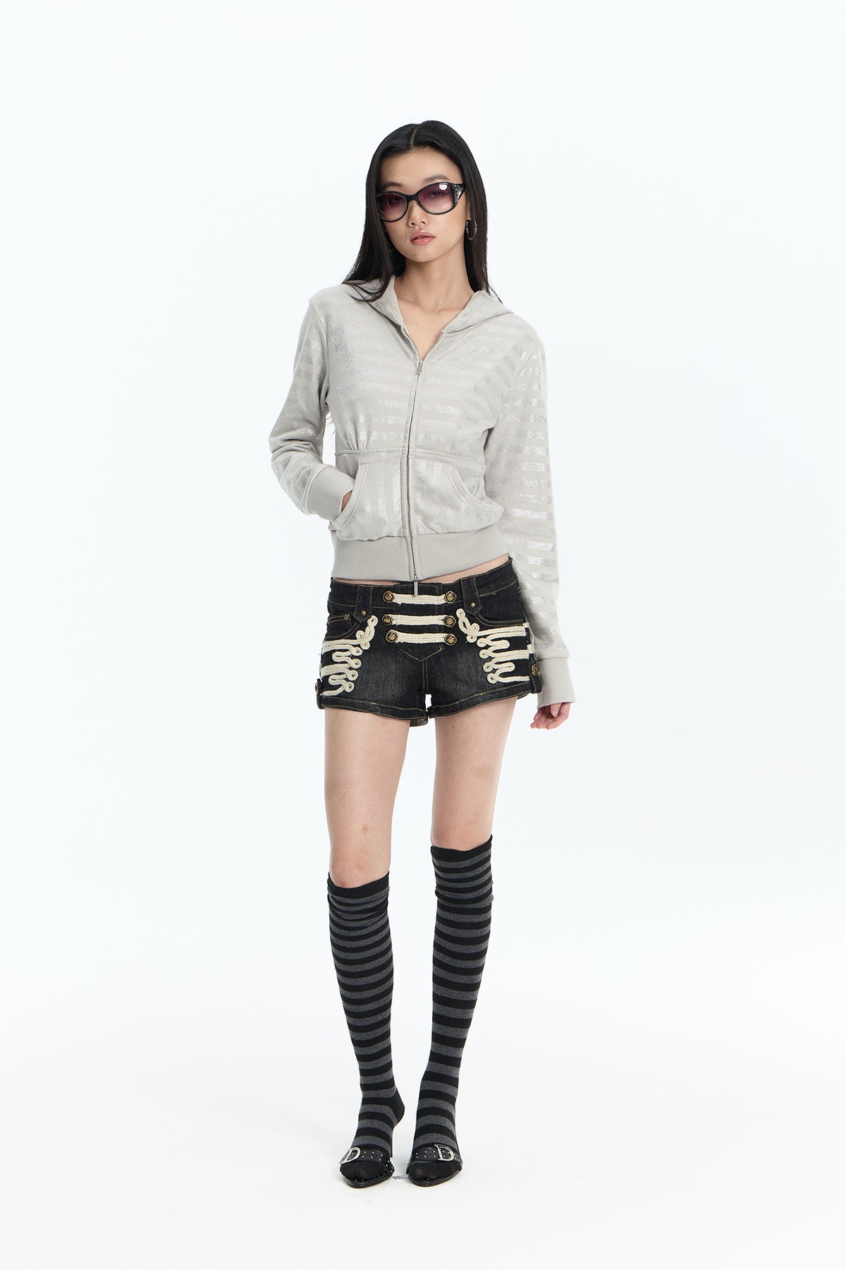 FAYCHUI Shiny Stripe Cropped Zip-Up Hoodie