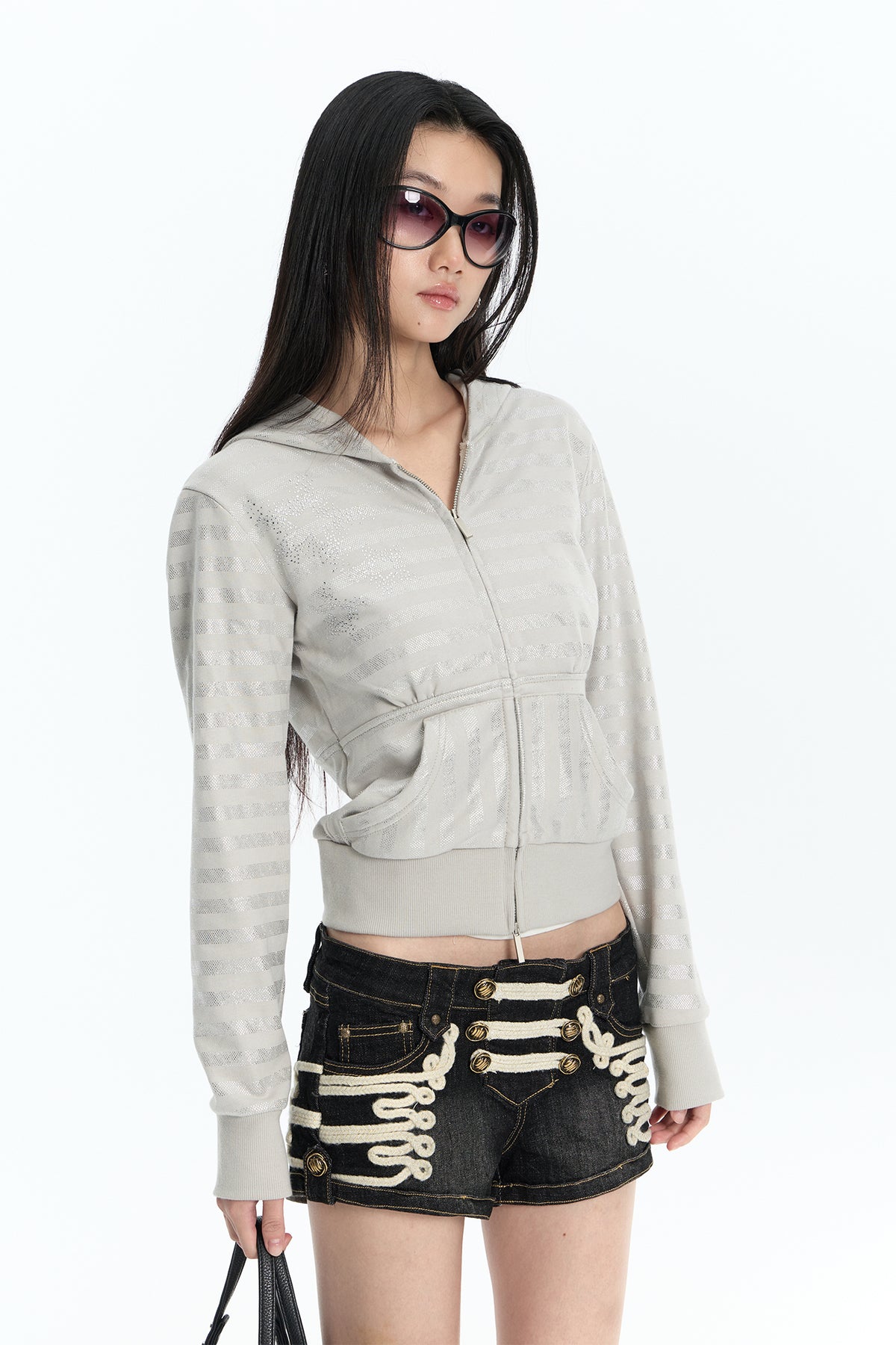 FAYCHUI Shiny Stripe Cropped Zip-Up Hoodie