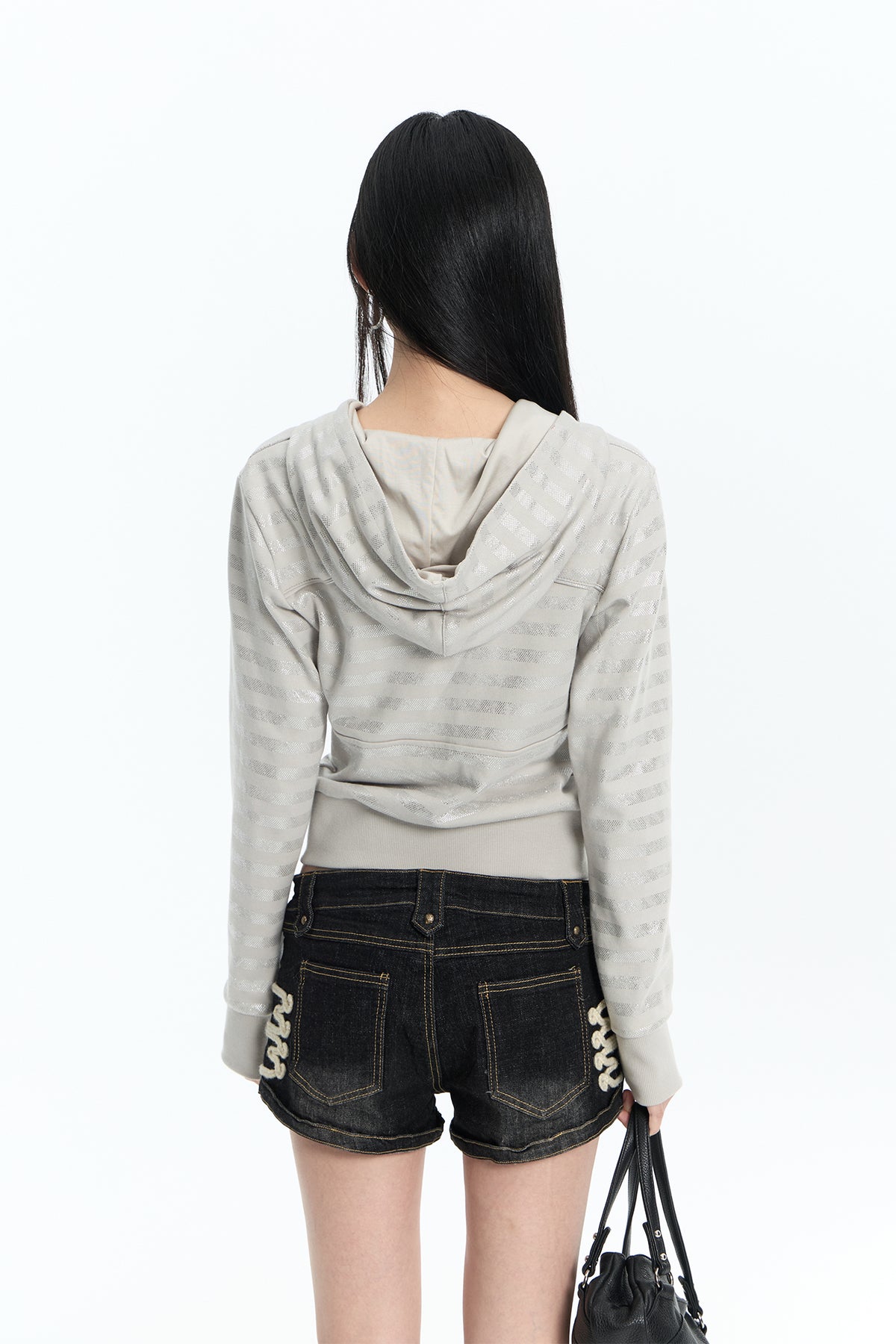 FAYCHUI Shiny Stripe Cropped Zip-Up Hoodie