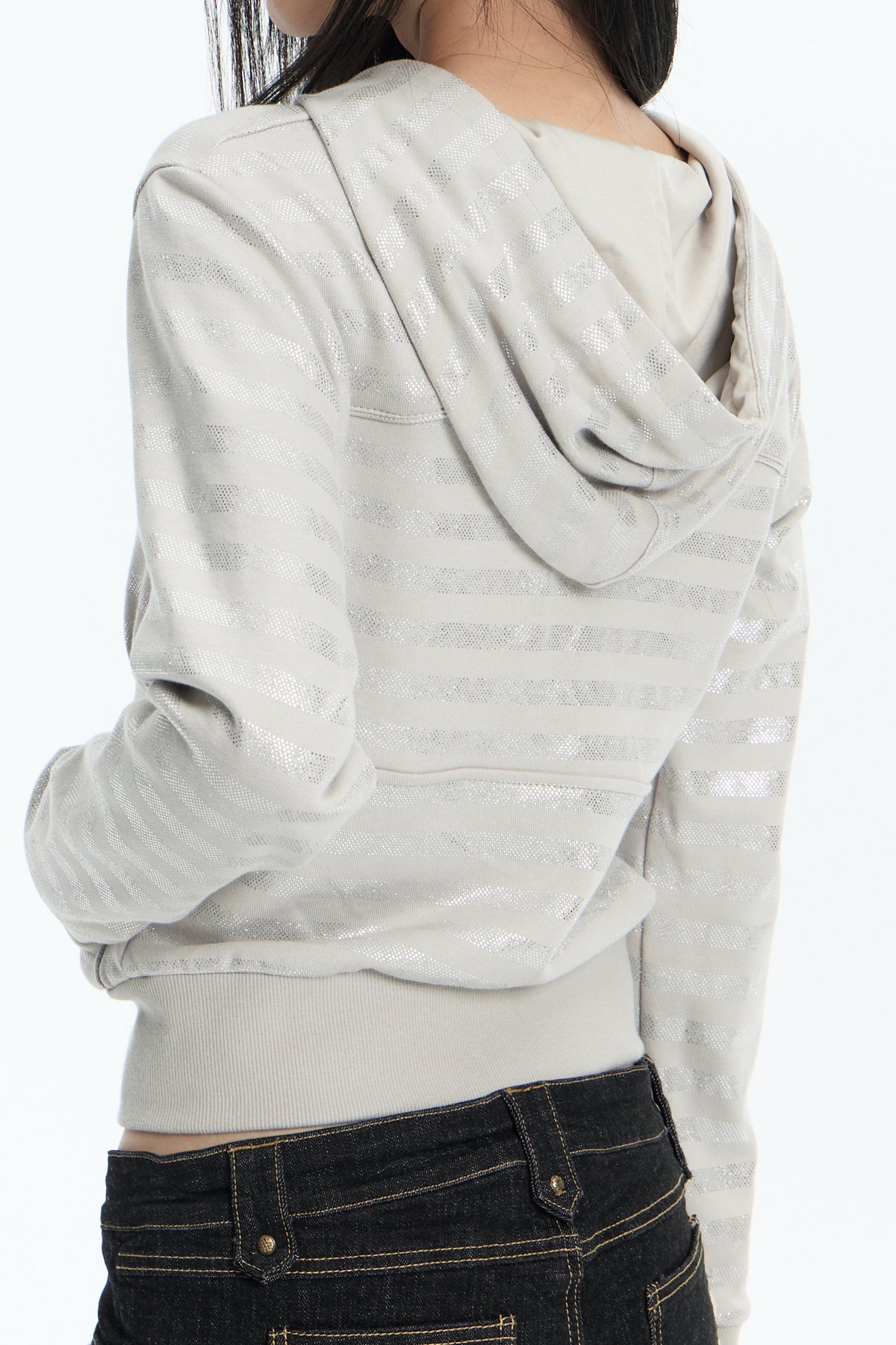 FAYCHUI Shiny Stripe Cropped Zip-Up Hoodie