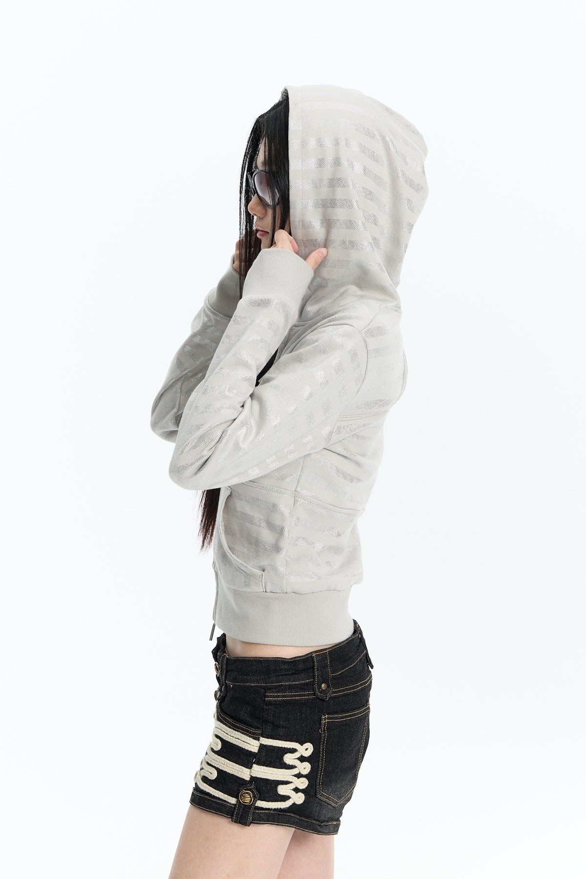FAYCHUI Shiny Stripe Cropped Zip-Up Hoodie