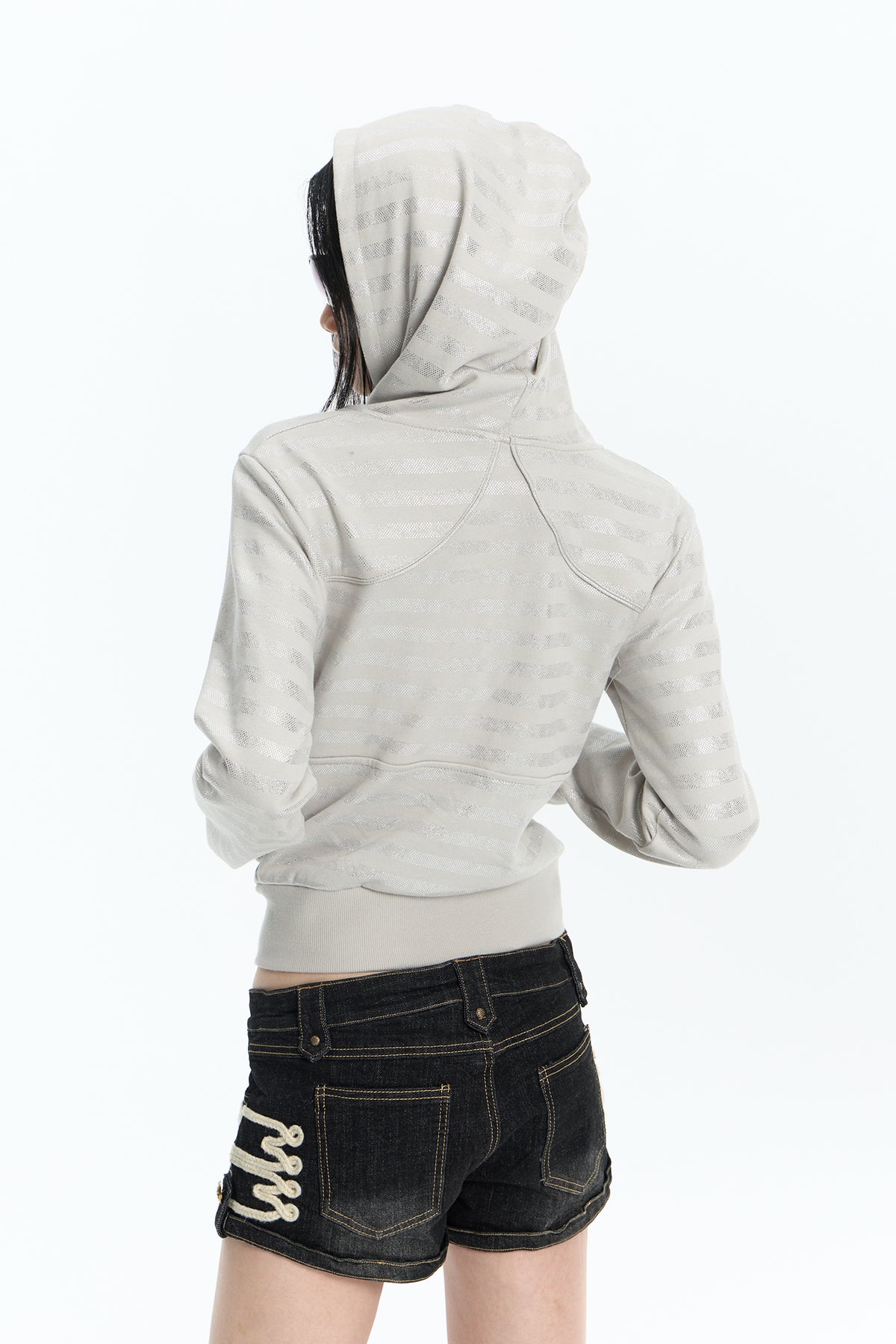FAYCHUI Shiny Stripe Cropped Zip-Up Hoodie