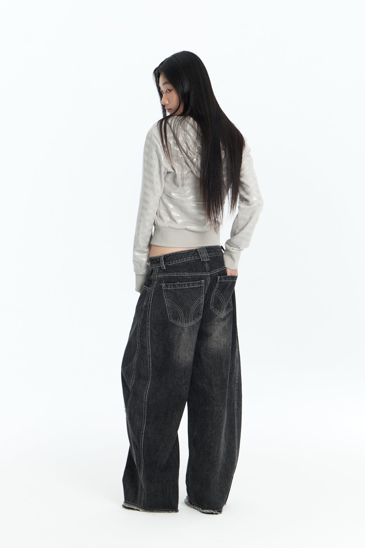 FAYCHUI Shiny Stripe Cropped Zip-Up Hoodie