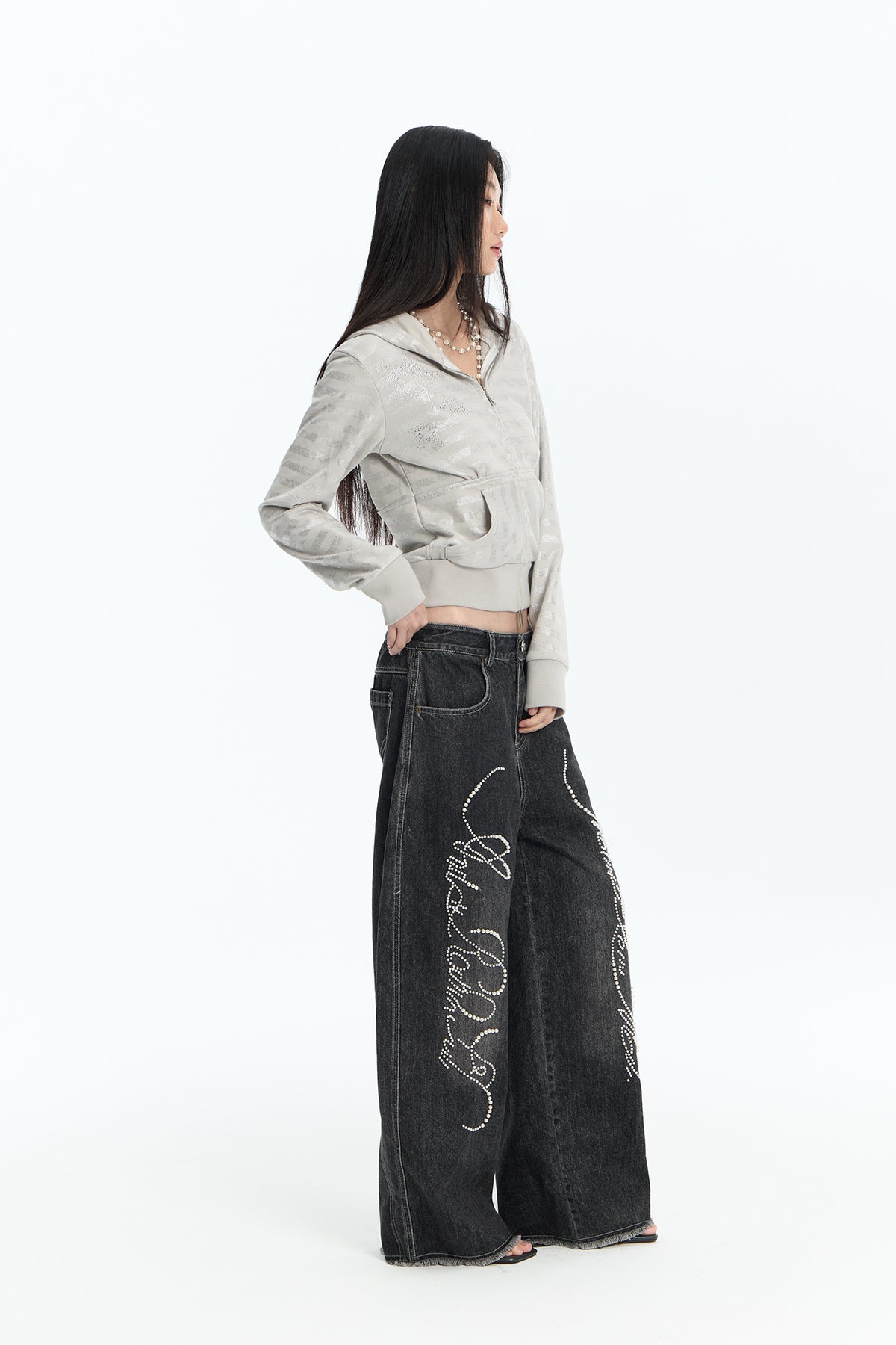 FAYCHUI Shiny Stripe Cropped Zip-Up Hoodie