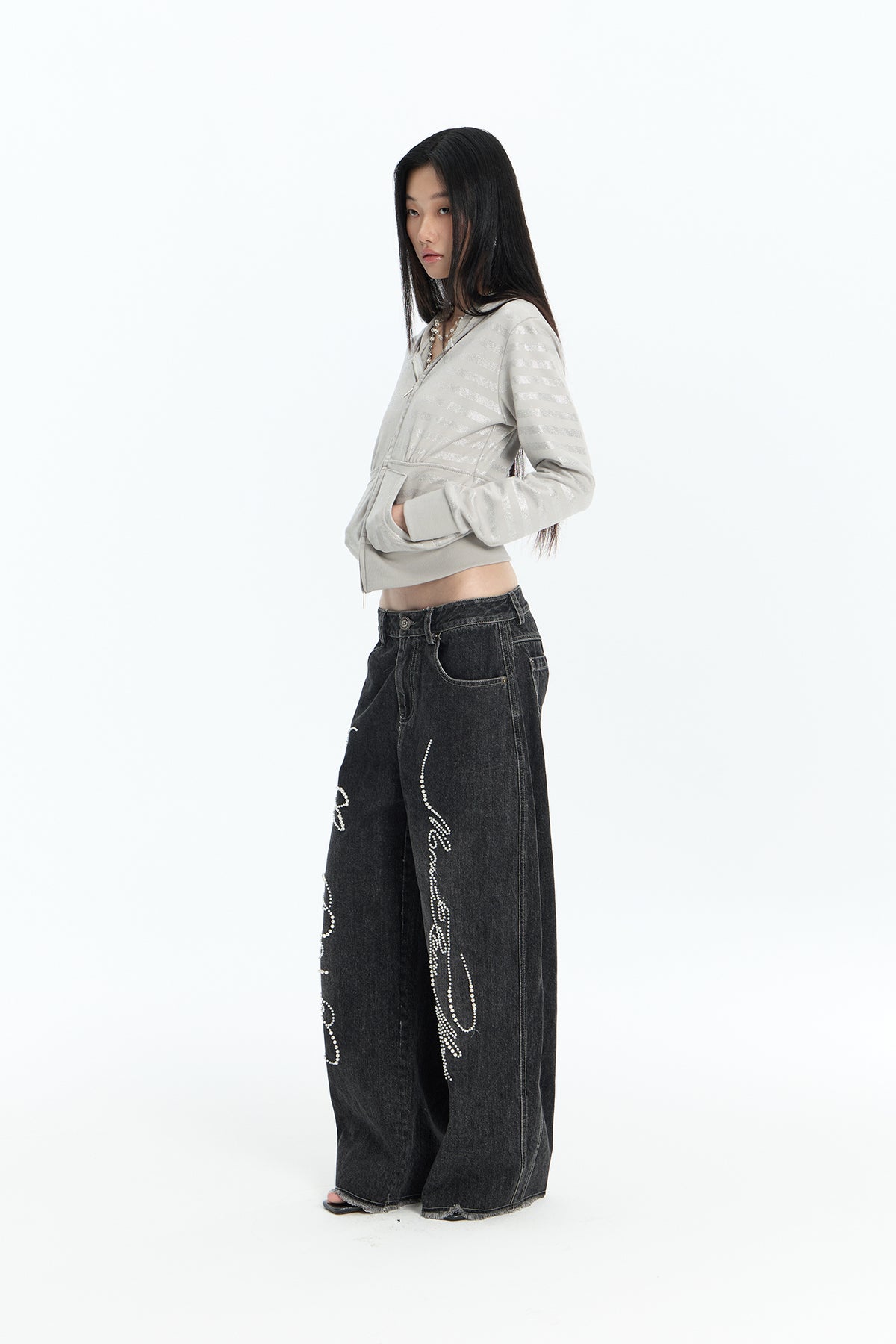 FAYCHUI Shiny Stripe Cropped Zip-Up Hoodie