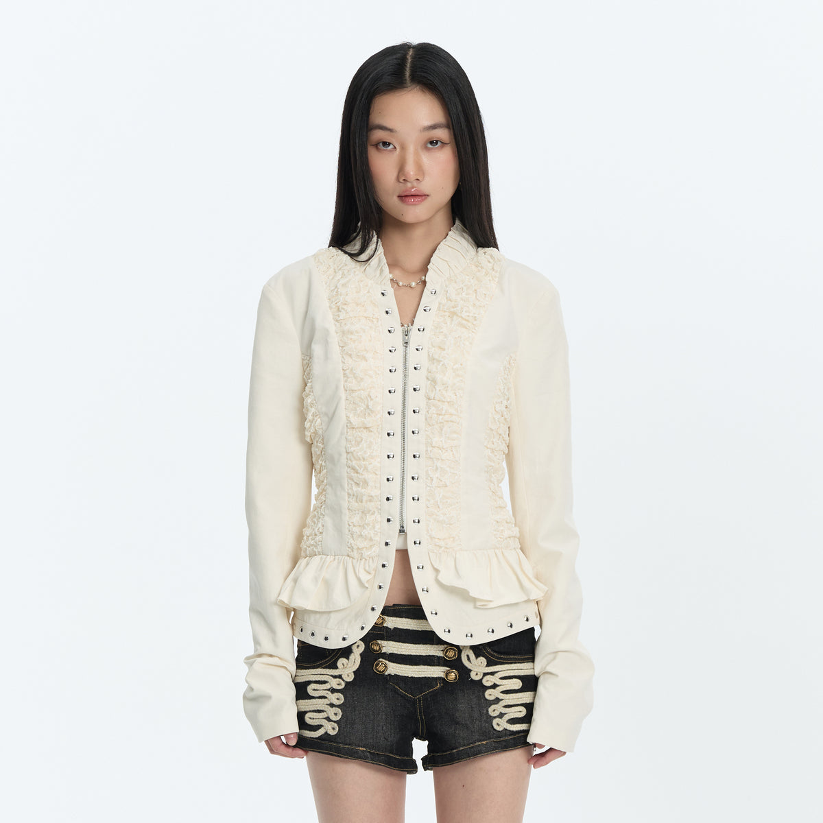 FAYCHUI Lace Spliced Crinkled Cinched-Waist V-Neck Jacket