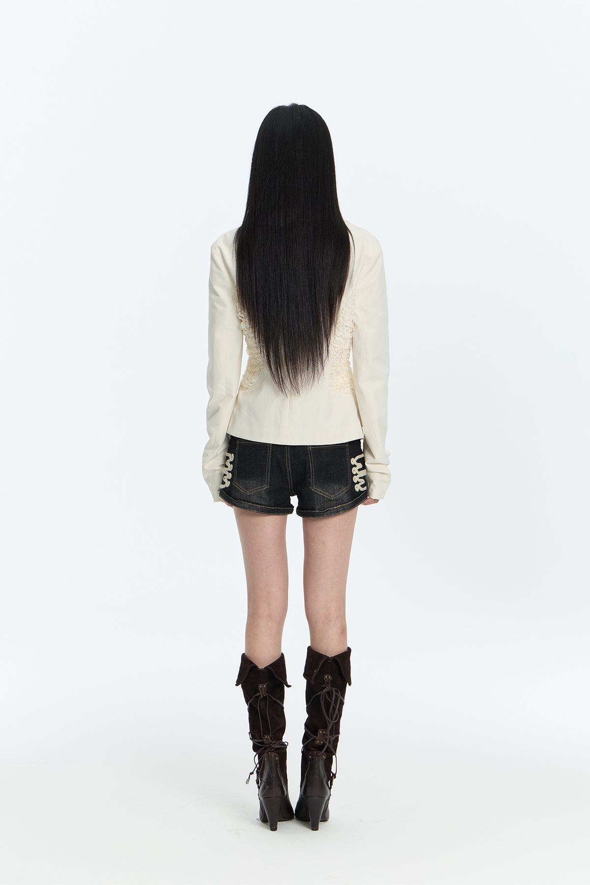 FAYCHUI Lace Spliced Crinkled Cinched-Waist V-Neck Jacket