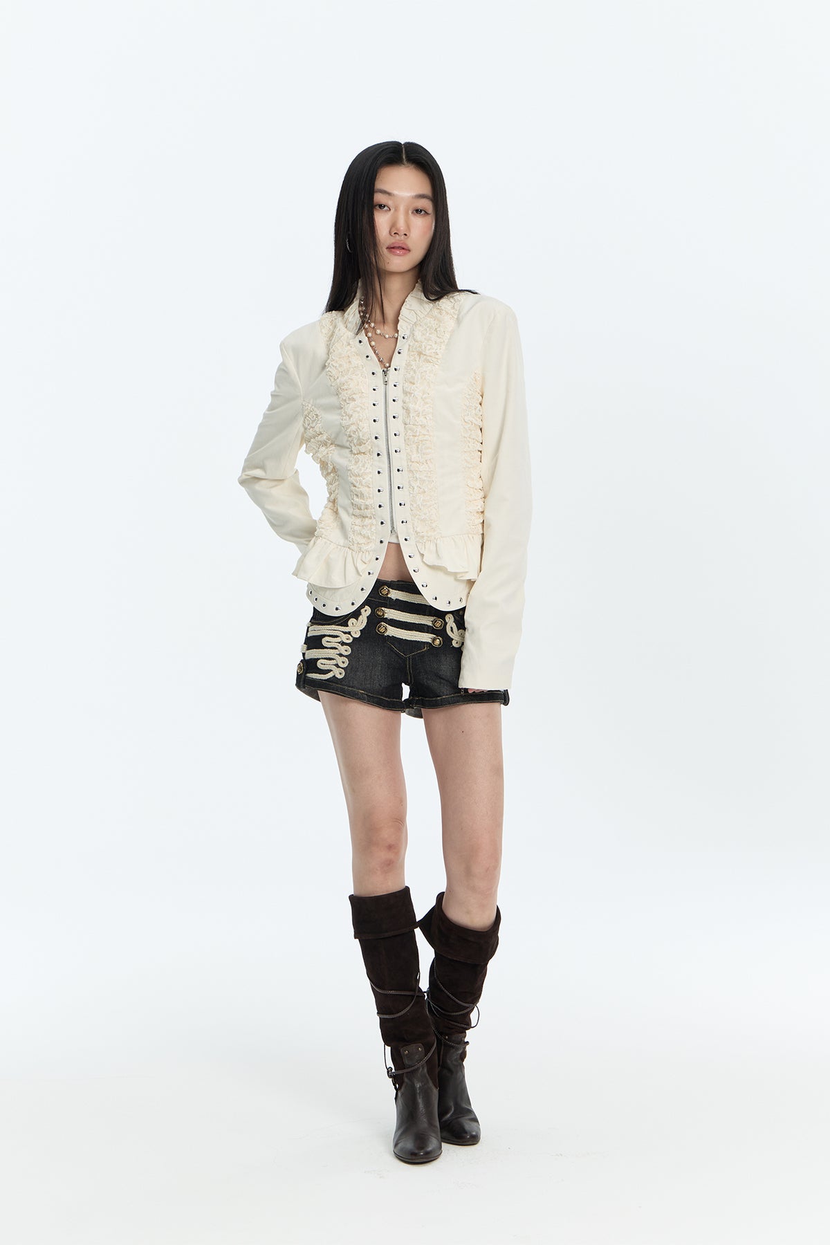 FAYCHUI Lace Spliced Crinkled Cinched-Waist V-Neck Jacket