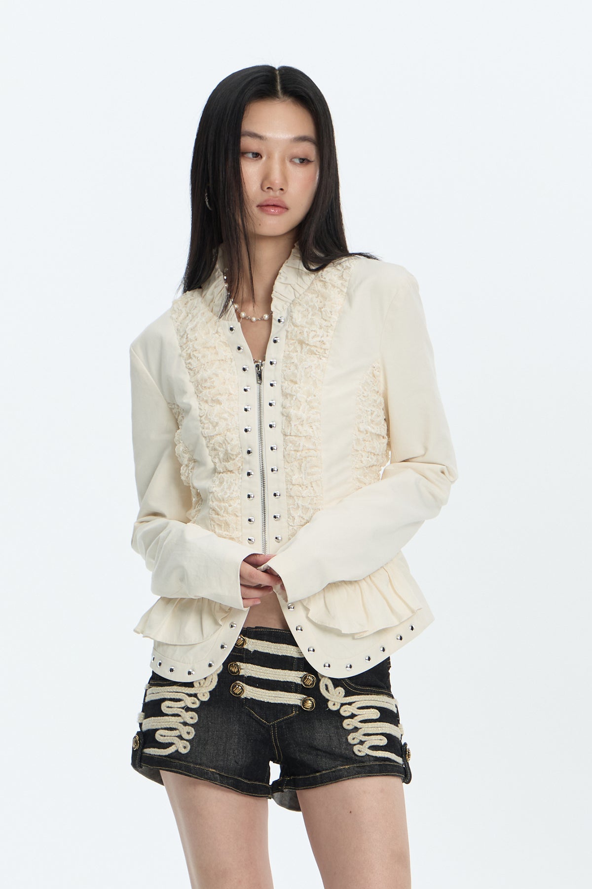 FAYCHUI Lace Spliced Crinkled Cinched-Waist V-Neck Jacket