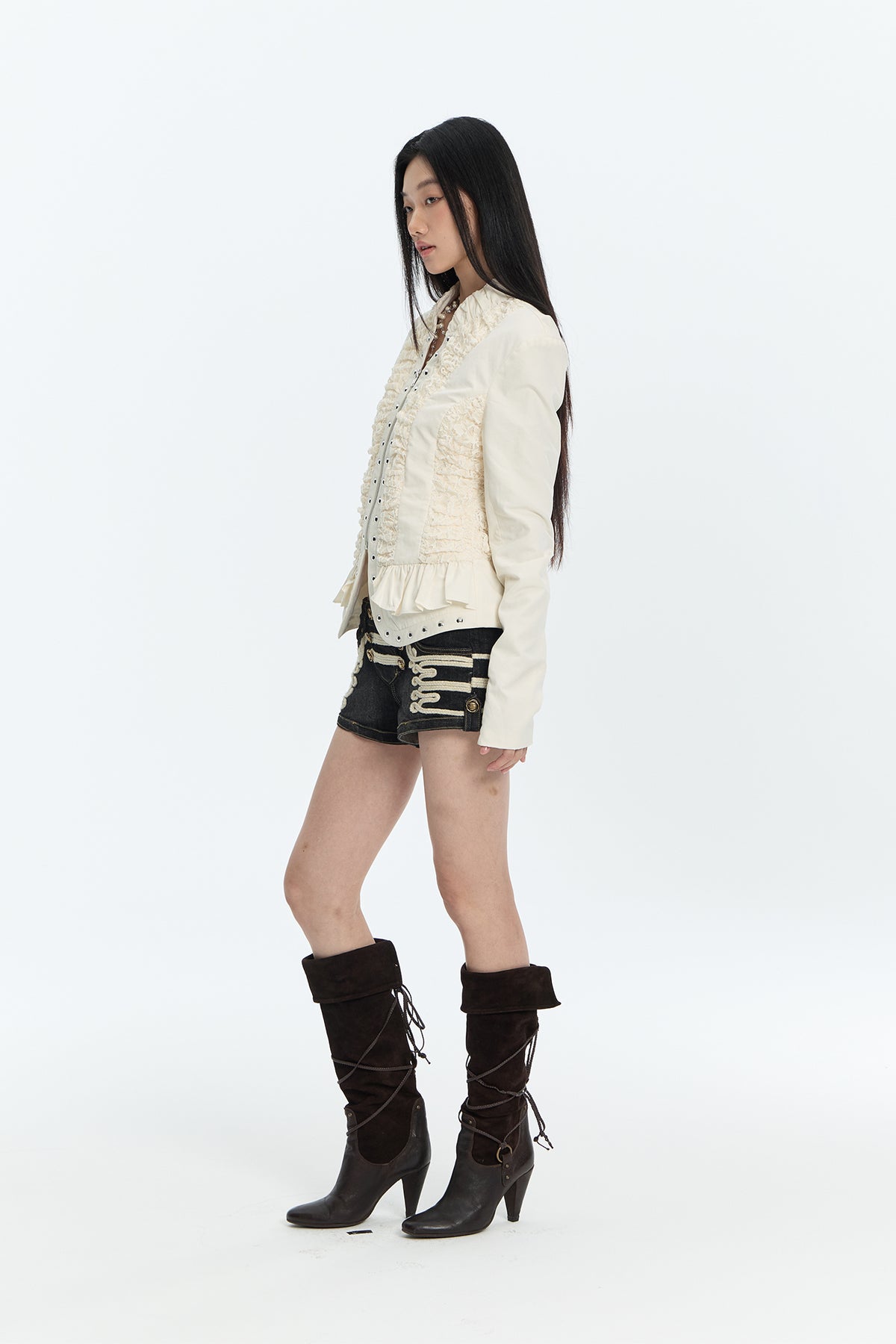 FAYCHUI Lace Spliced Crinkled Cinched-Waist V-Neck Jacket
