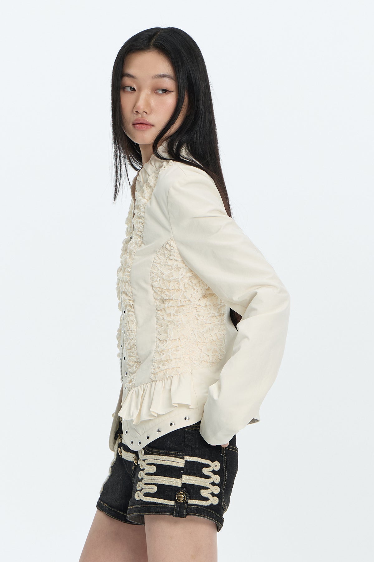 FAYCHUI Lace Spliced Crinkled Cinched-Waist V-Neck Jacket