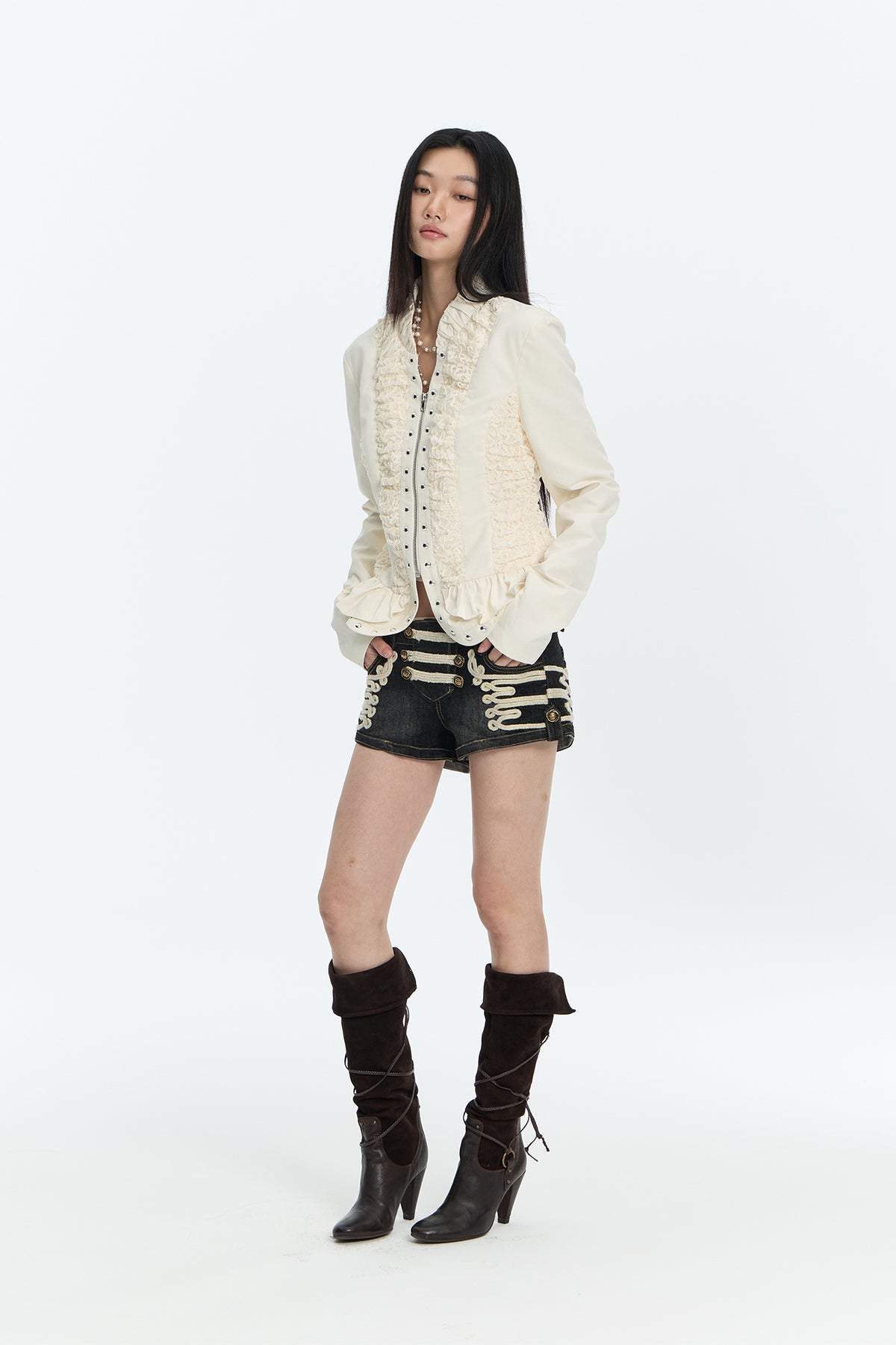 FAYCHUI Lace Spliced Crinkled Cinched-Waist V-Neck Jacket