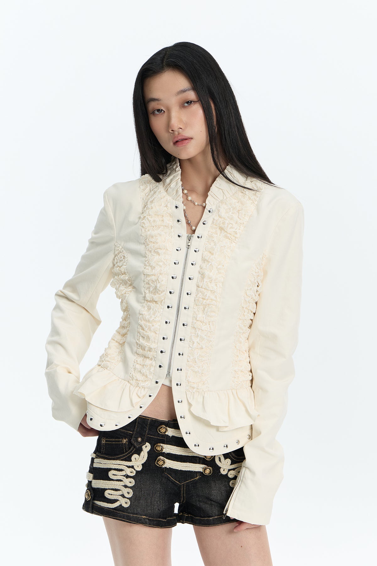 FAYCHUI Lace Spliced Crinkled Cinched-Waist V-Neck Jacket