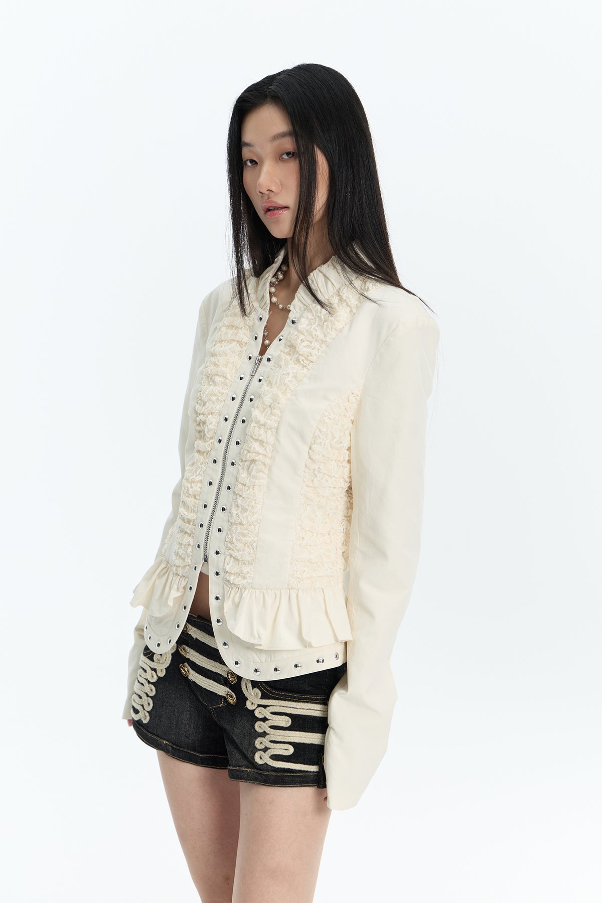 FAYCHUI Lace Spliced Crinkled Cinched-Waist V-Neck Jacket
