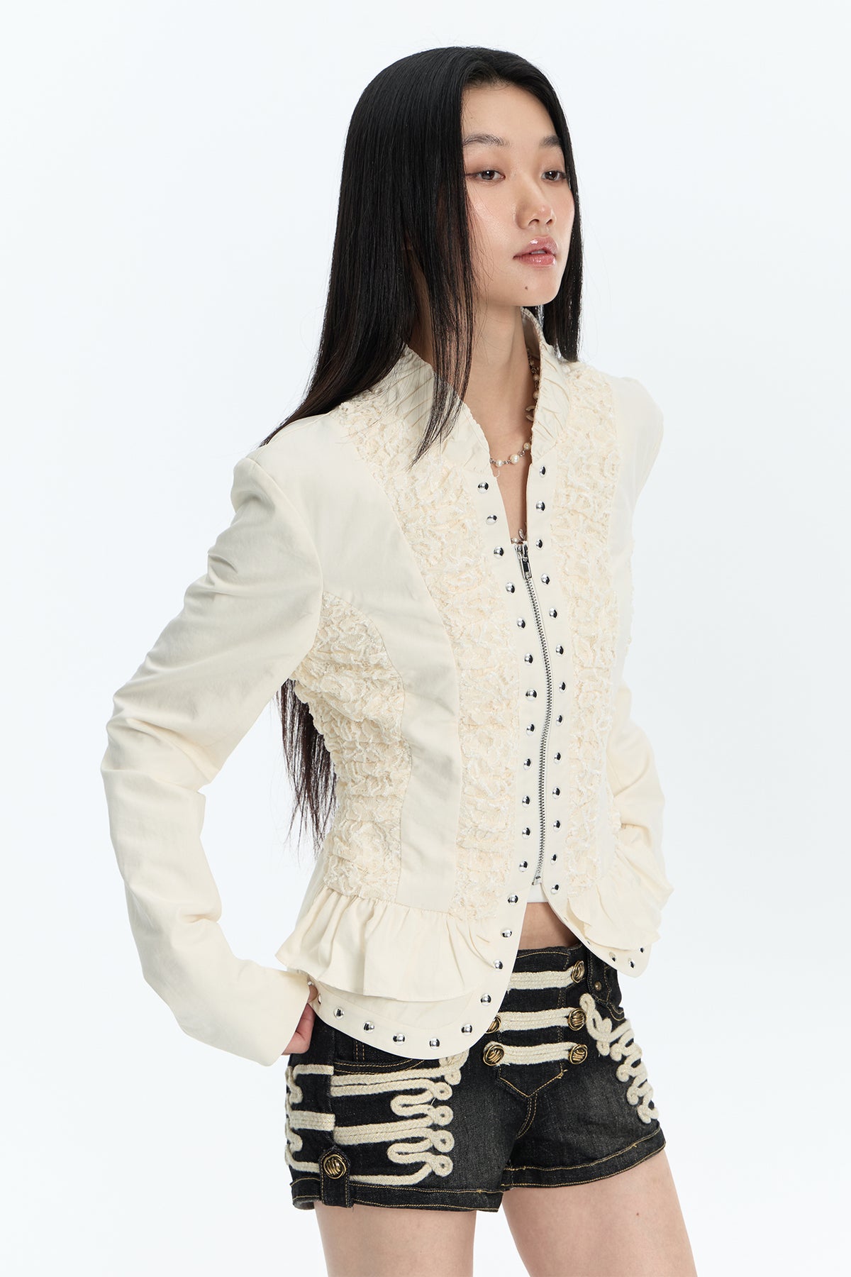 FAYCHUI Lace Spliced Crinkled Cinched-Waist V-Neck Jacket