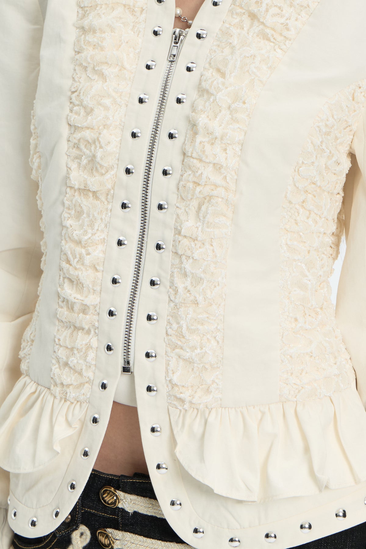FAYCHUI Lace Spliced Crinkled Cinched-Waist V-Neck Jacket