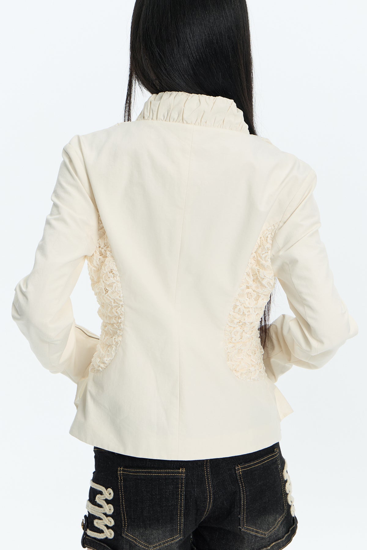 FAYCHUI Lace Spliced Crinkled Cinched-Waist V-Neck Jacket