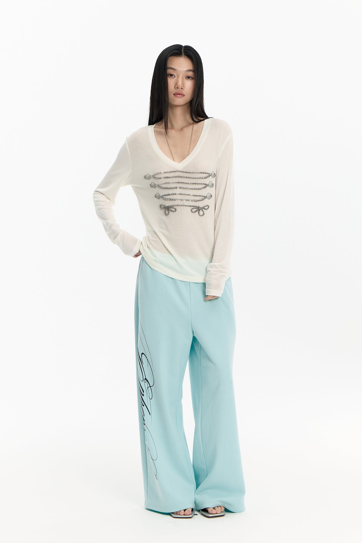 FAYCHUI Graphic Lace-Pocket Wide-Leg Sweatpants Mint Green