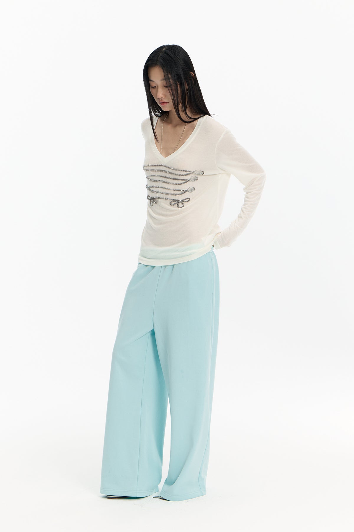 FAYCHUI Graphic Lace-Pocket Wide-Leg Sweatpants Mint Green