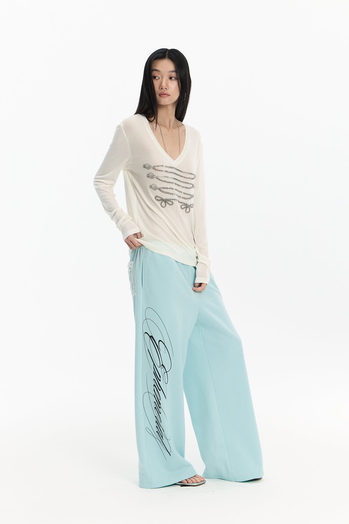 FAYCHUI Graphic Lace-Pocket Wide-Leg Sweatpants Mint Green
