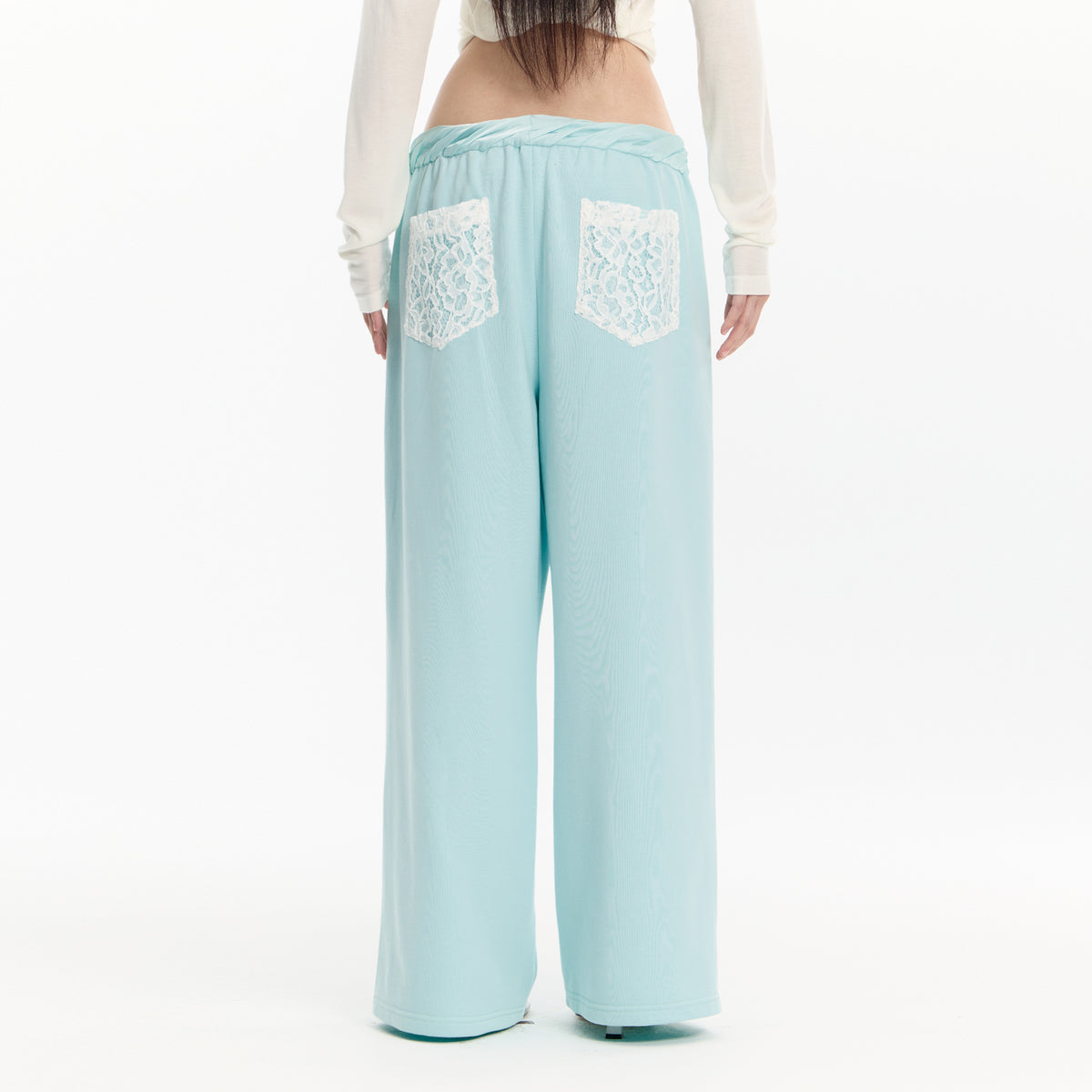 FAYCHUI Graphic Lace-Pocket Wide-Leg Sweatpants Mint Green