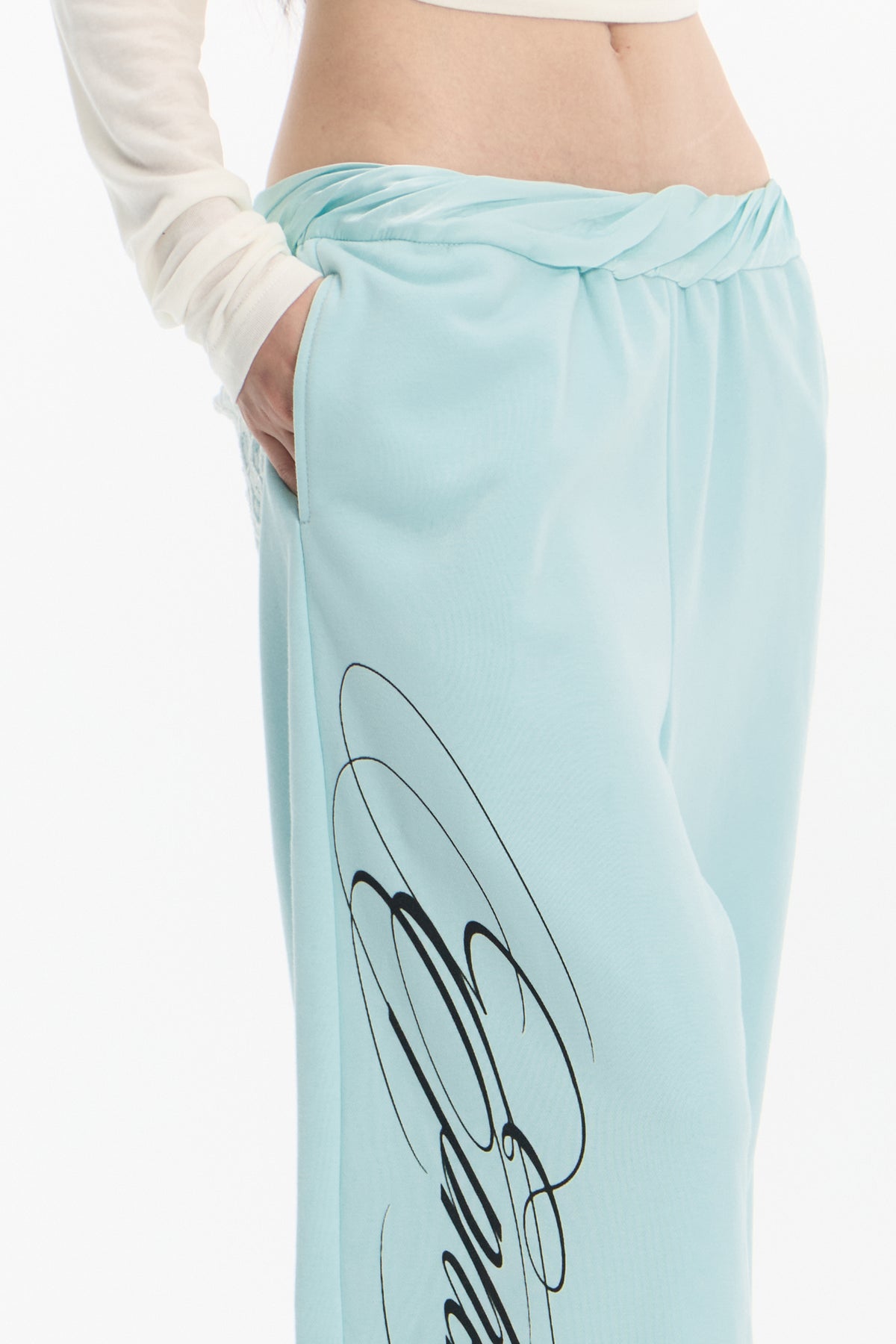 FAYCHUI Graphic Lace-Pocket Wide-Leg Sweatpants Mint Green