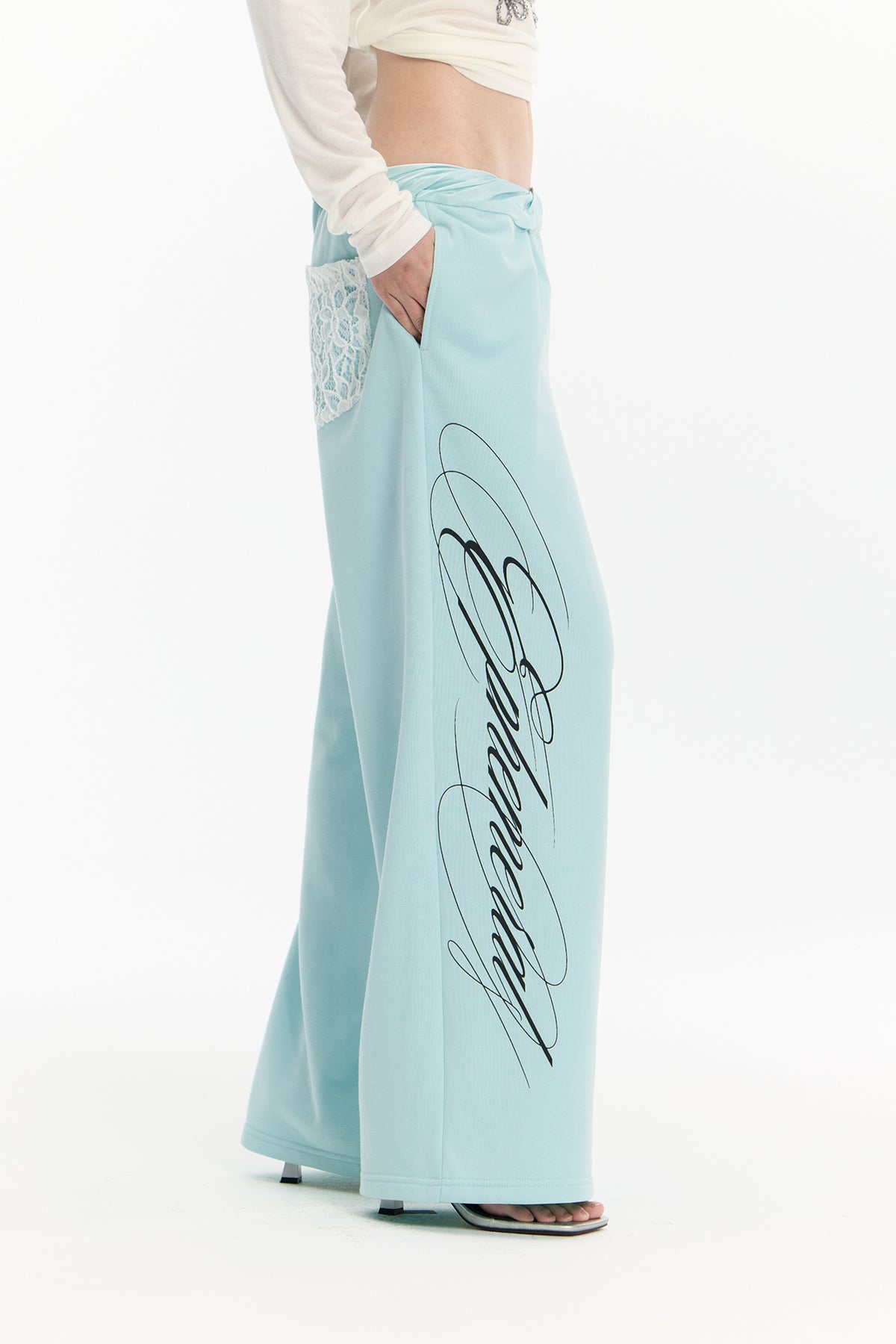 FAYCHUI Graphic Lace-Pocket Wide-Leg Sweatpants Mint Green