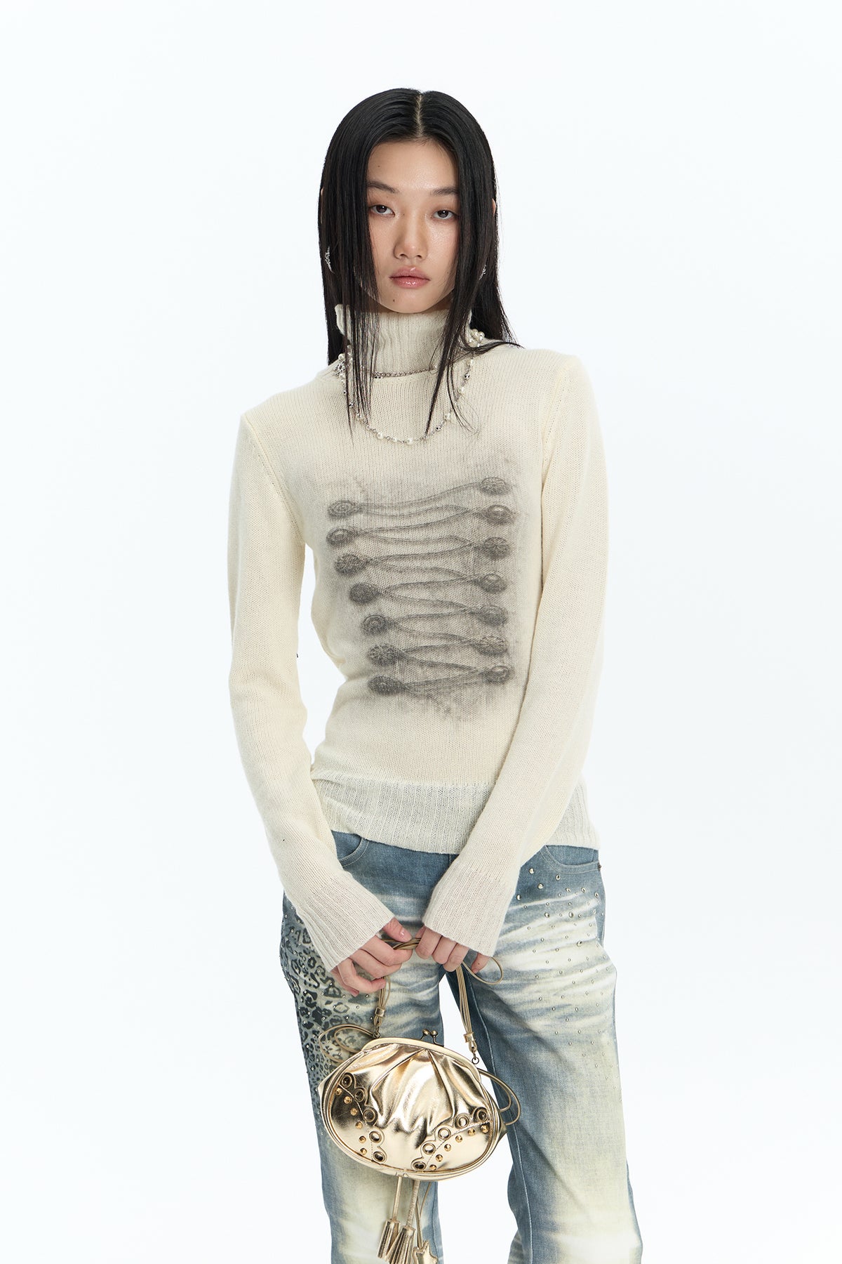 FAYCHUI Baroque Graphic Wool-Blend Mock-Neck Sweater