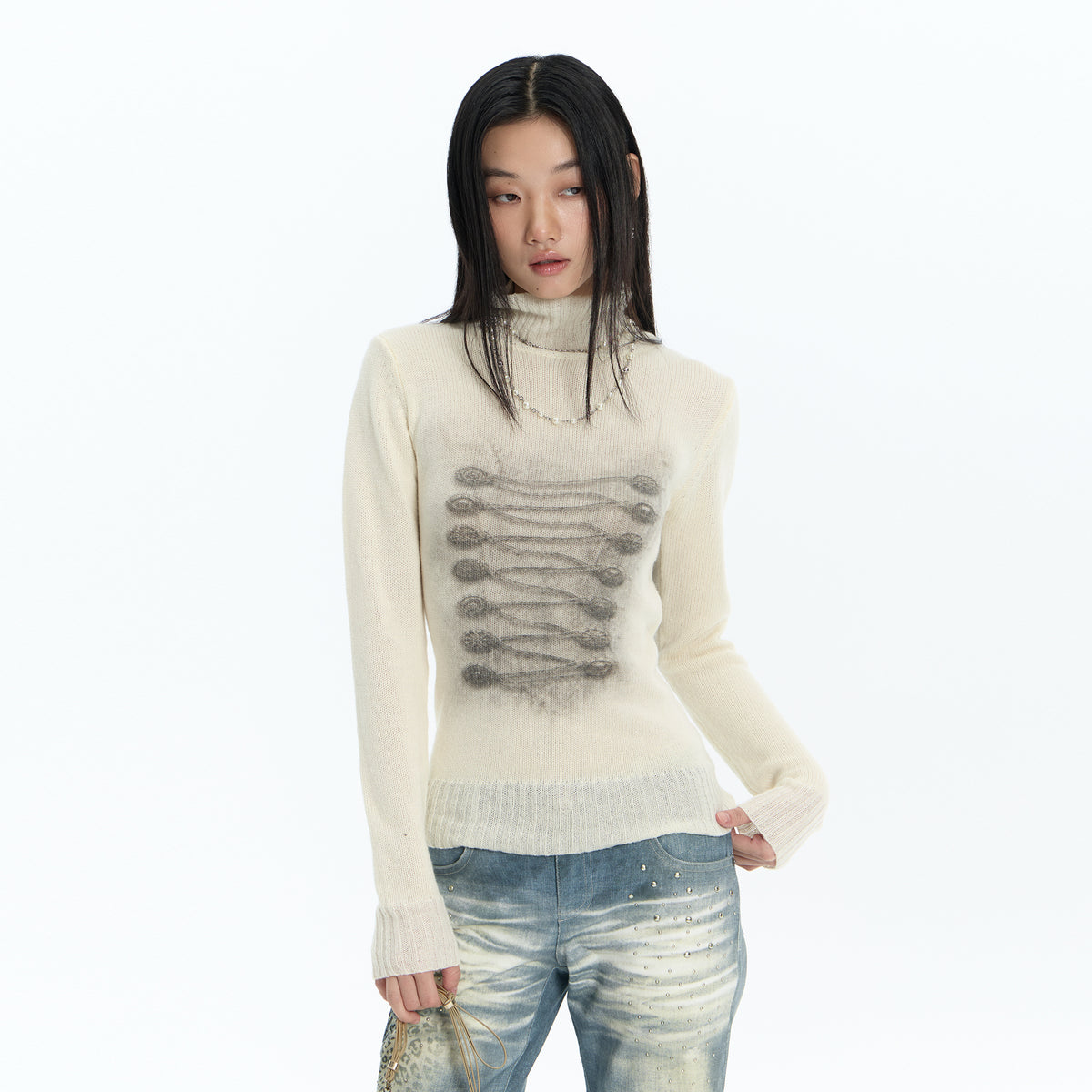 FAYCHUI Baroque Graphic Wool-Blend Mock-Neck Sweater