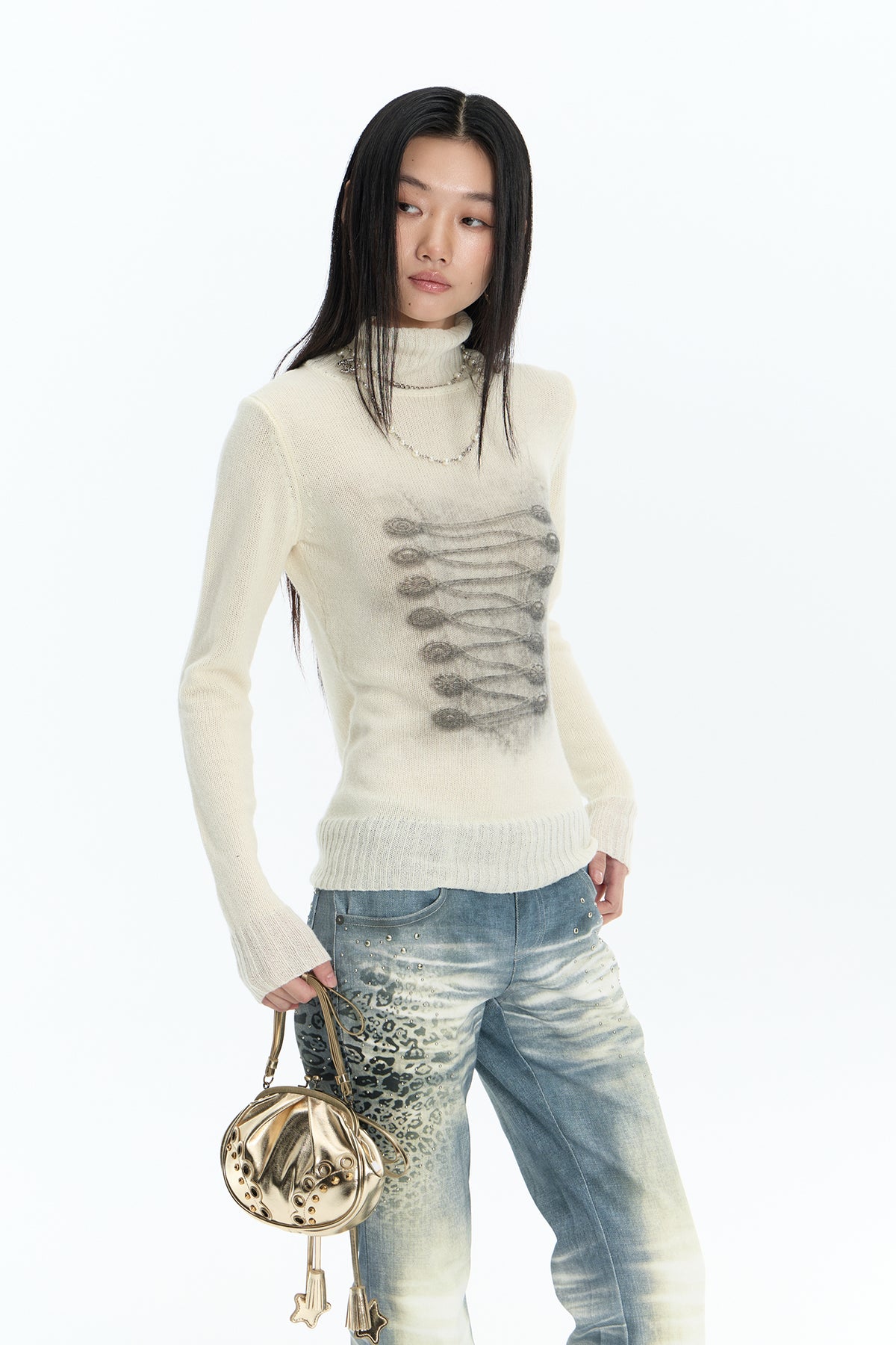 FAYCHUI Baroque Graphic Wool-Blend Mock-Neck Sweater