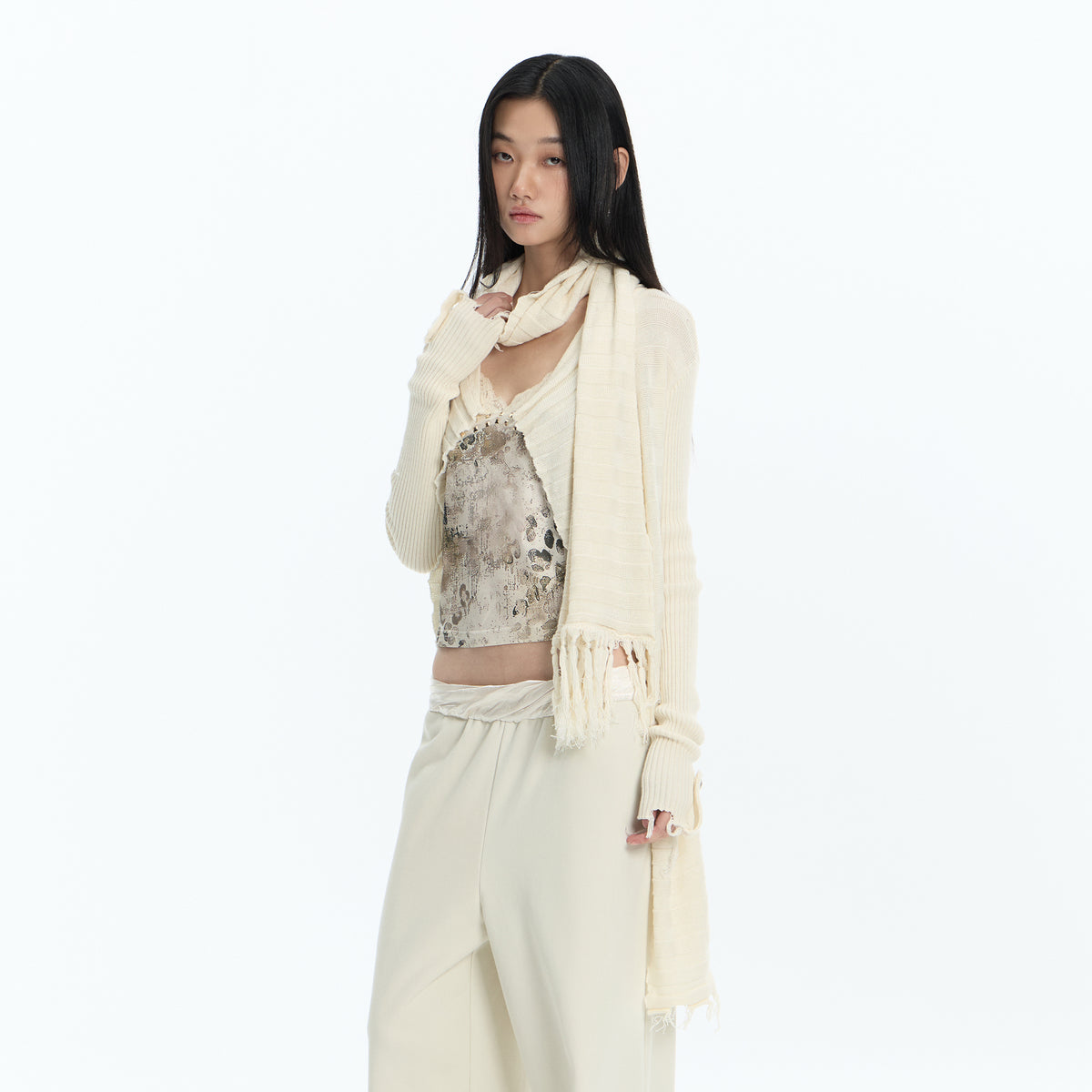 FAYCHUI Frayed-Hem Wool-Blend Asymmetric Cardigan