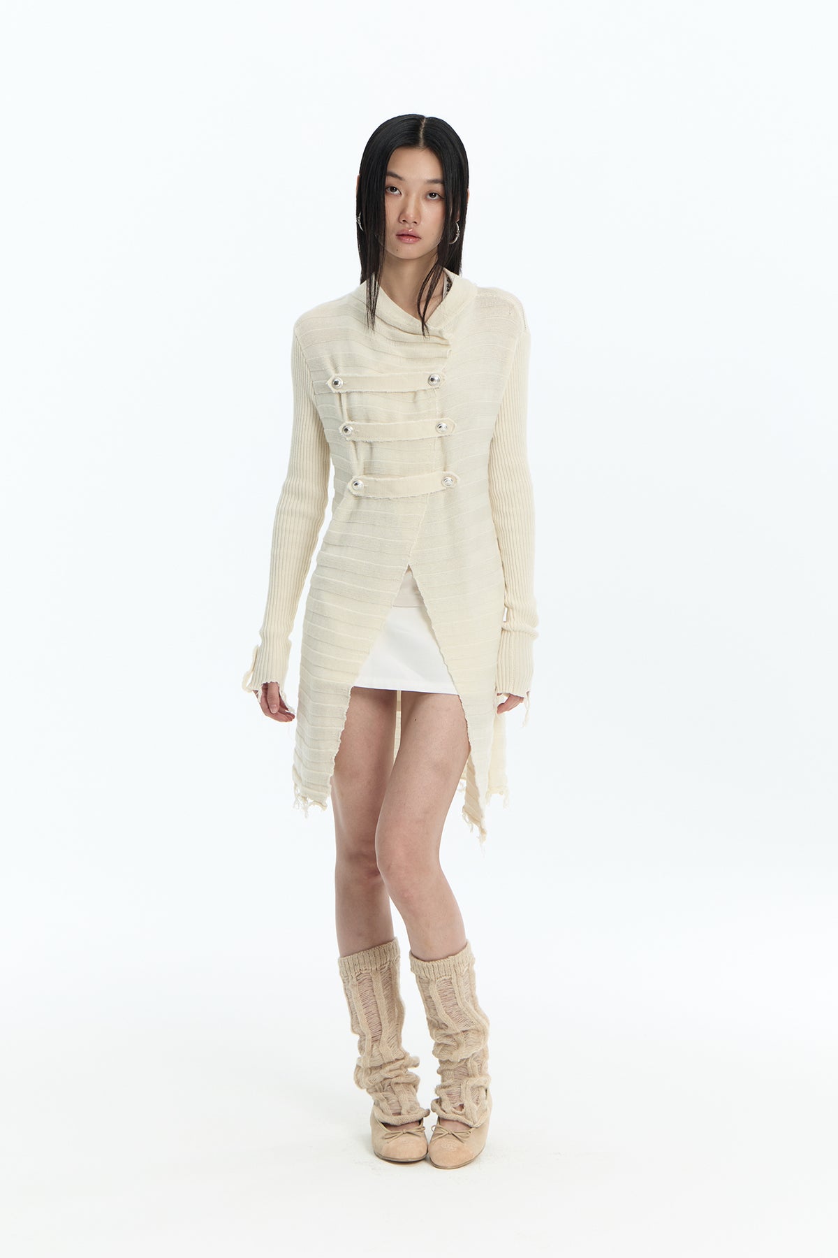 FAYCHUI Frayed-Hem Wool-Blend Asymmetric Cardigan