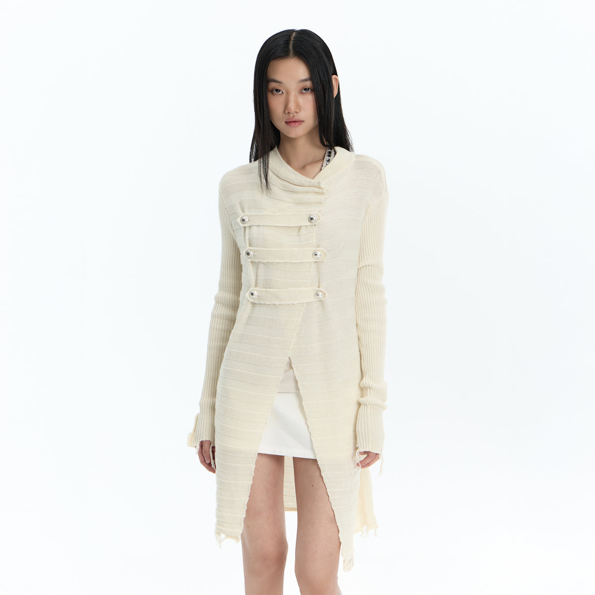 FAYCHUI Frayed-Hem Wool-Blend Asymmetric Cardigan