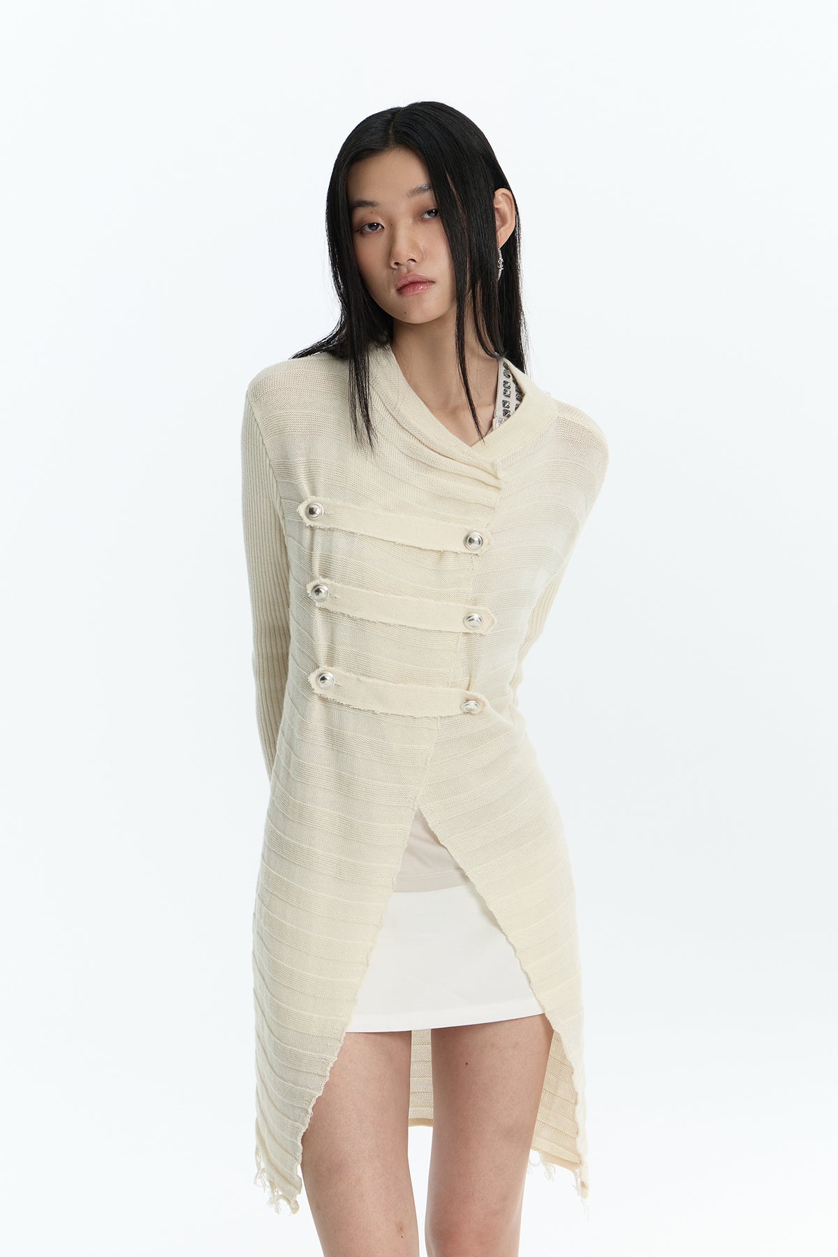FAYCHUI Frayed-Hem Wool-Blend Asymmetric Cardigan