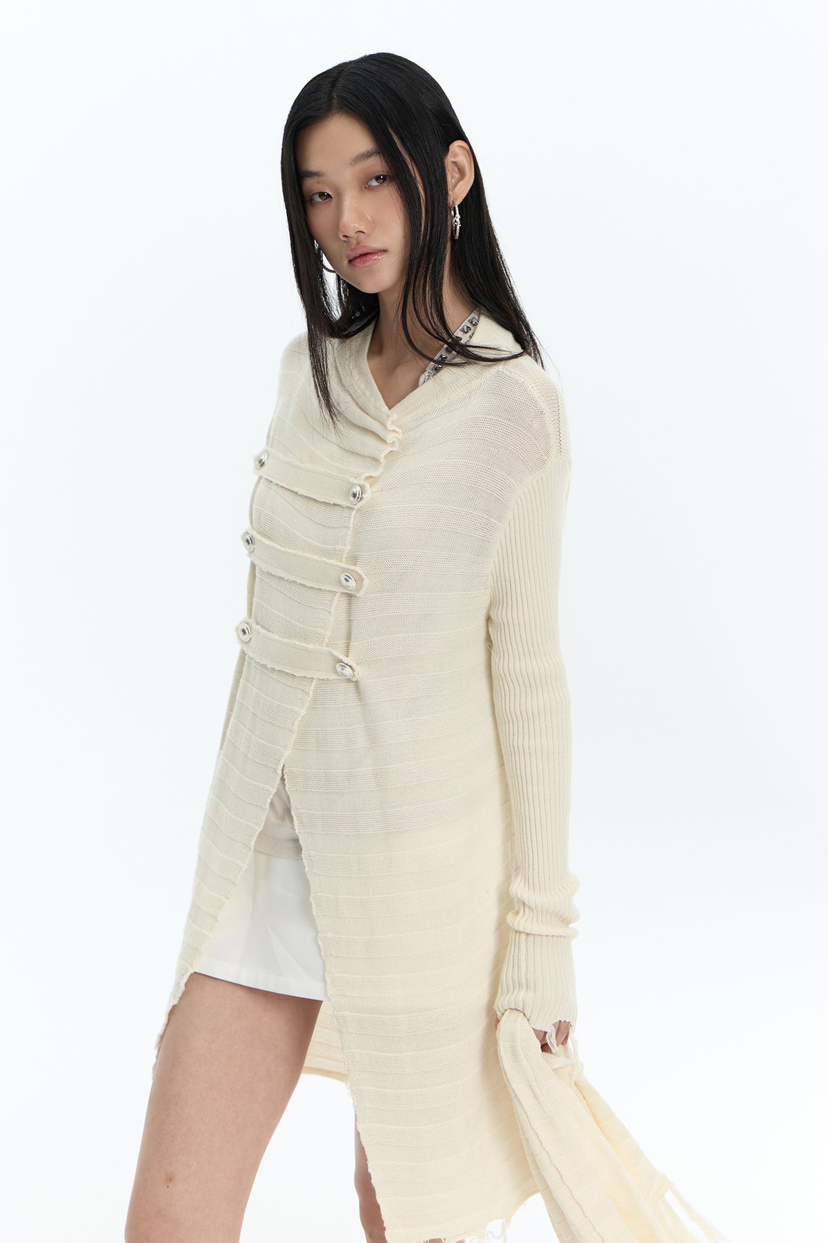 FAYCHUI Frayed-Hem Wool-Blend Asymmetric Cardigan