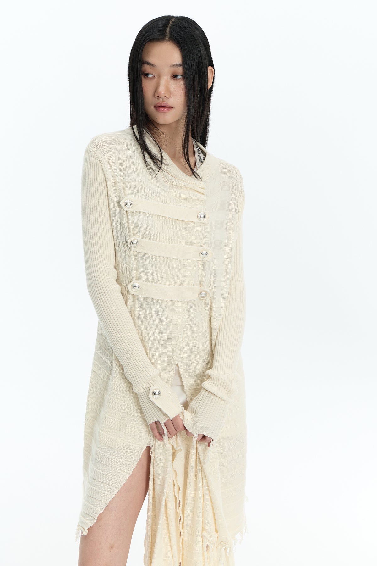 FAYCHUI Frayed-Hem Wool-Blend Asymmetric Cardigan