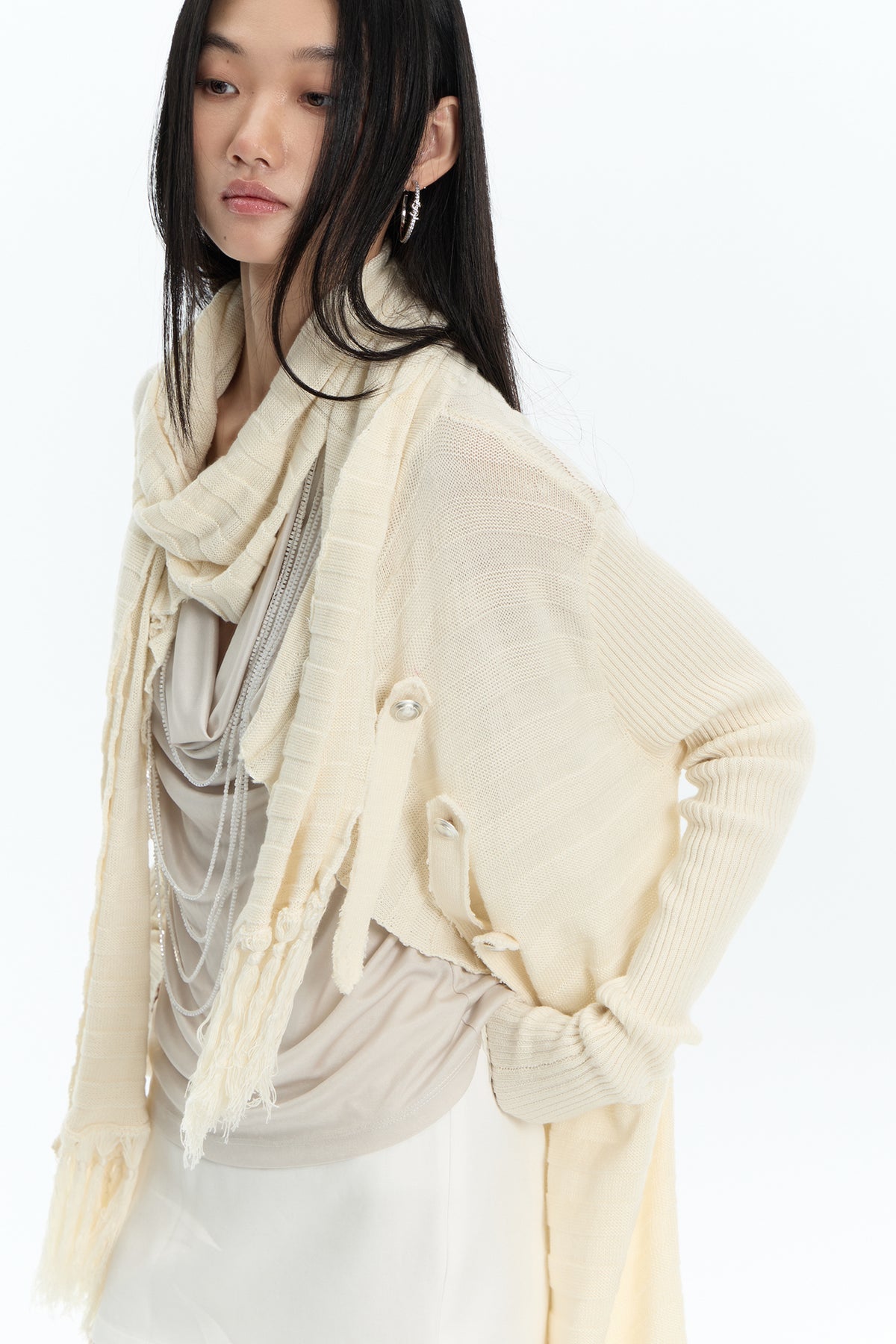 FAYCHUI Frayed-Hem Wool-Blend Asymmetric Cardigan