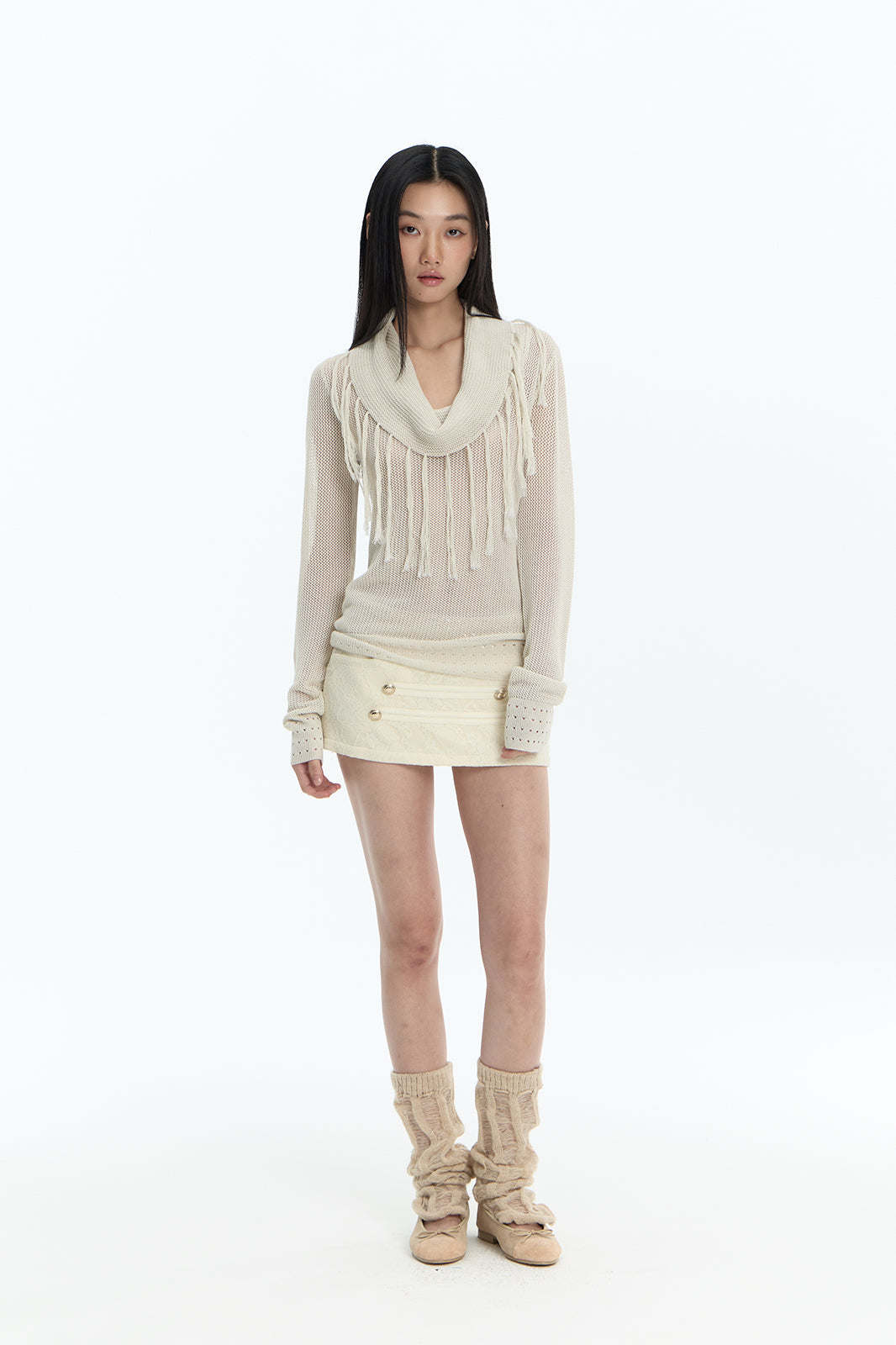 FAYCHUI Open-Knit Fringe Off-Shoulder Top