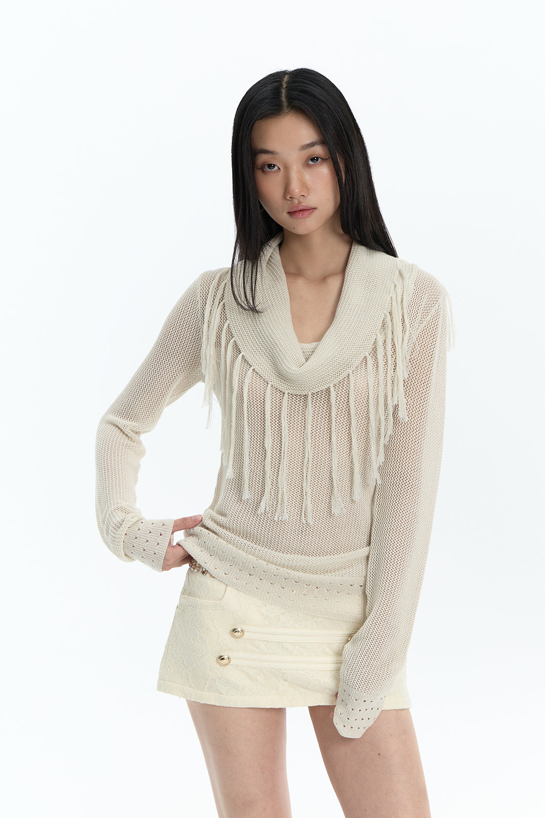 FAYCHUI Open-Knit Fringe Off-Shoulder Top
