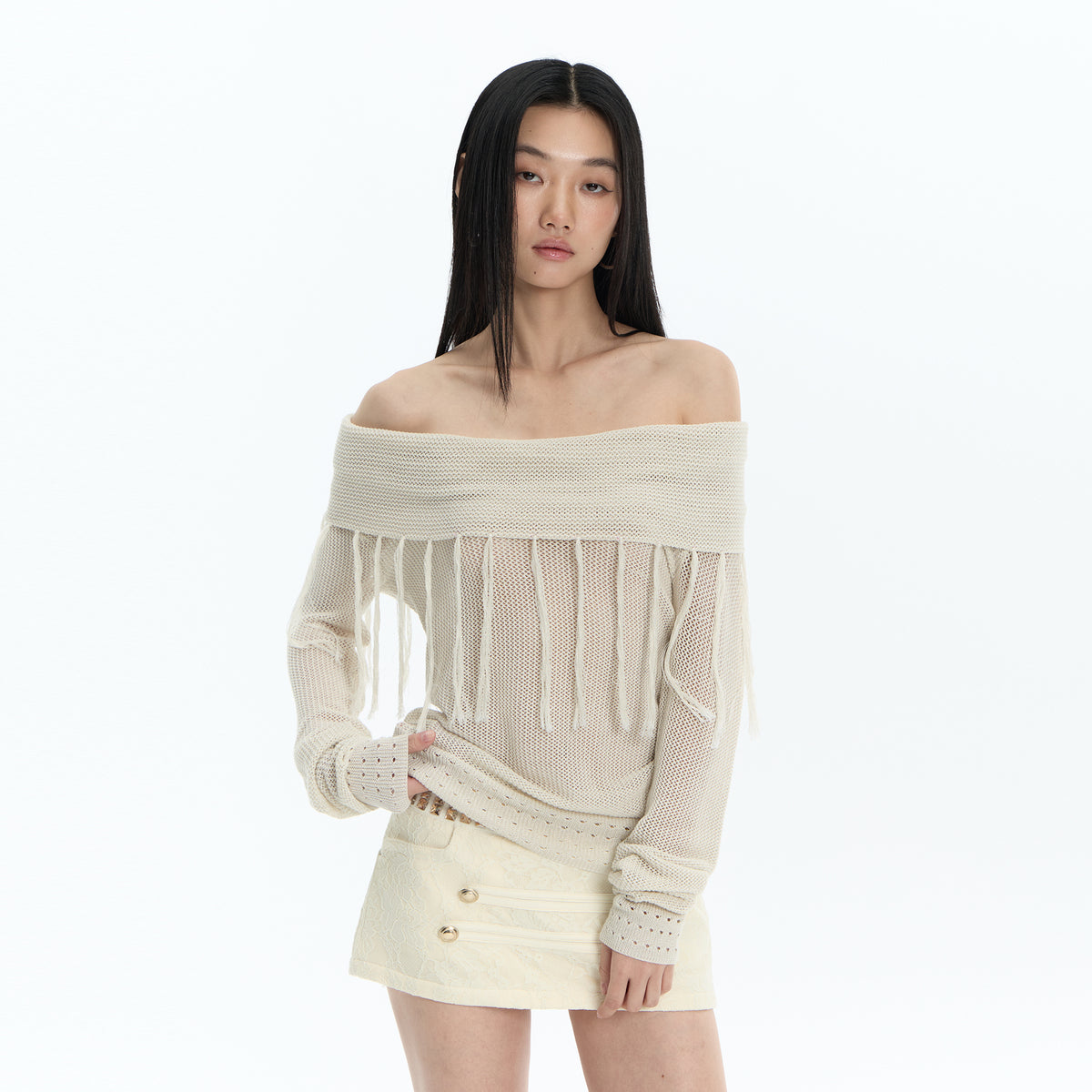 FAYCHUI Open-Knit Fringe Off-Shoulder Top